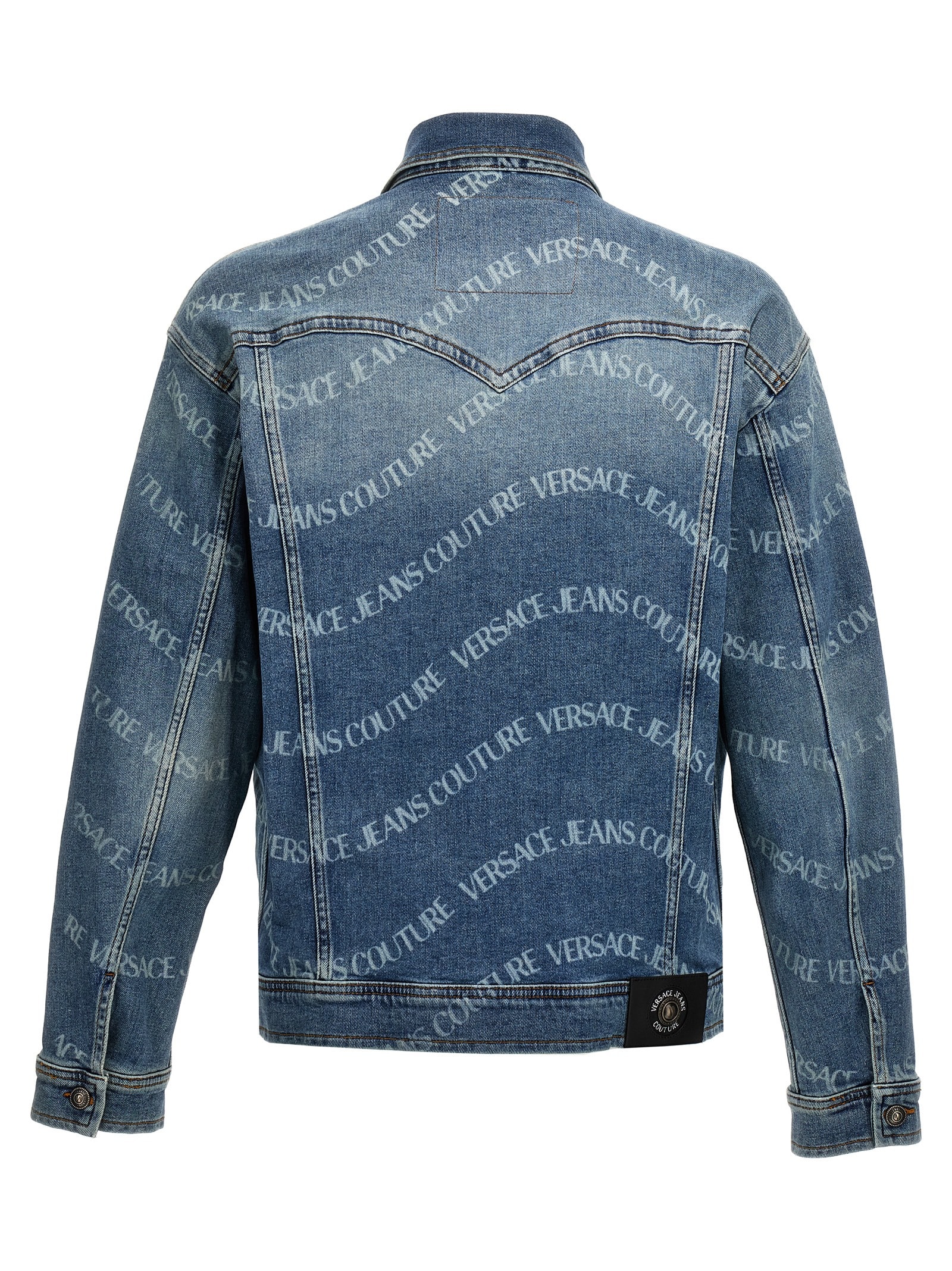 Shop Versace Jeans Couture Logo Print Denim Jacket In Light Blue