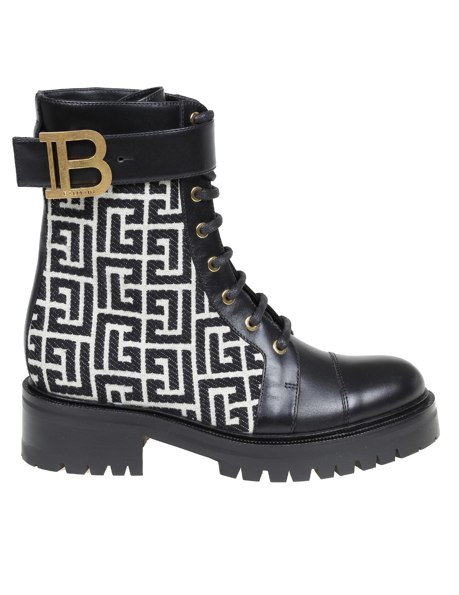 Balmain Ranger Boot In Leather And Fabric With Monogram