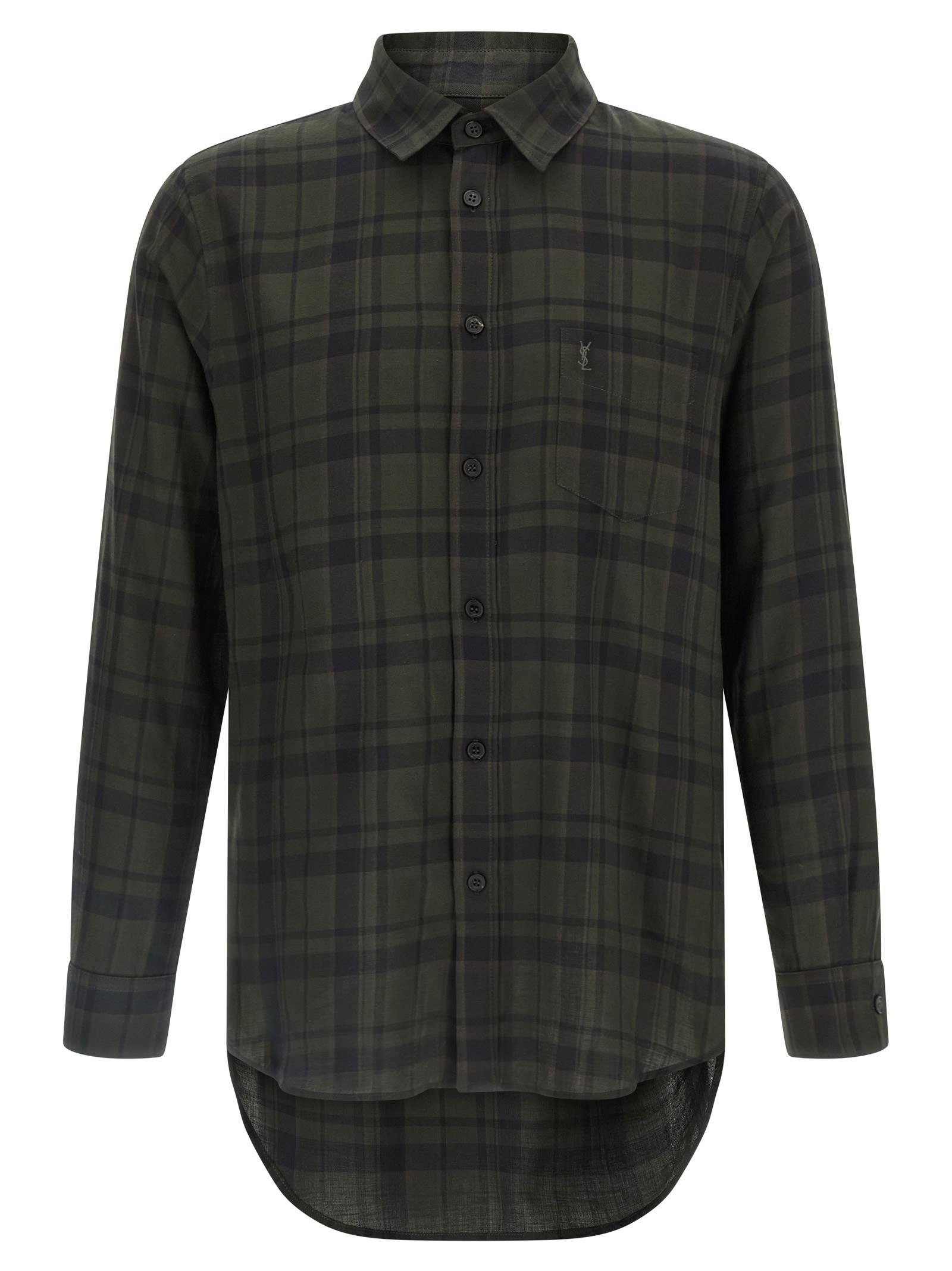 Saint Laurent Button-down Shirt With Curved Hem And Pocket In Green