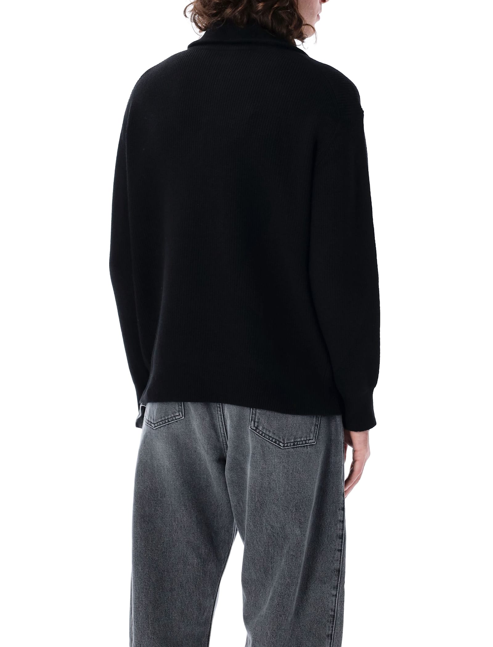 Jw Anderson Black High Neck Sweater With Front Zip Closure And Logo Embroidery In Wool Man In Black
