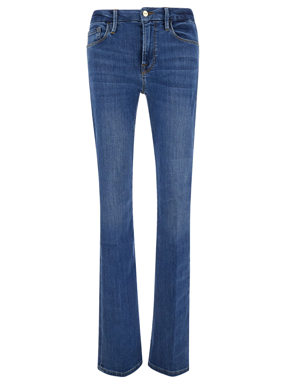 Shop Frame Mini Boot Blue Flared Jeans With Branded Button In Cotton Blend Denim Woman