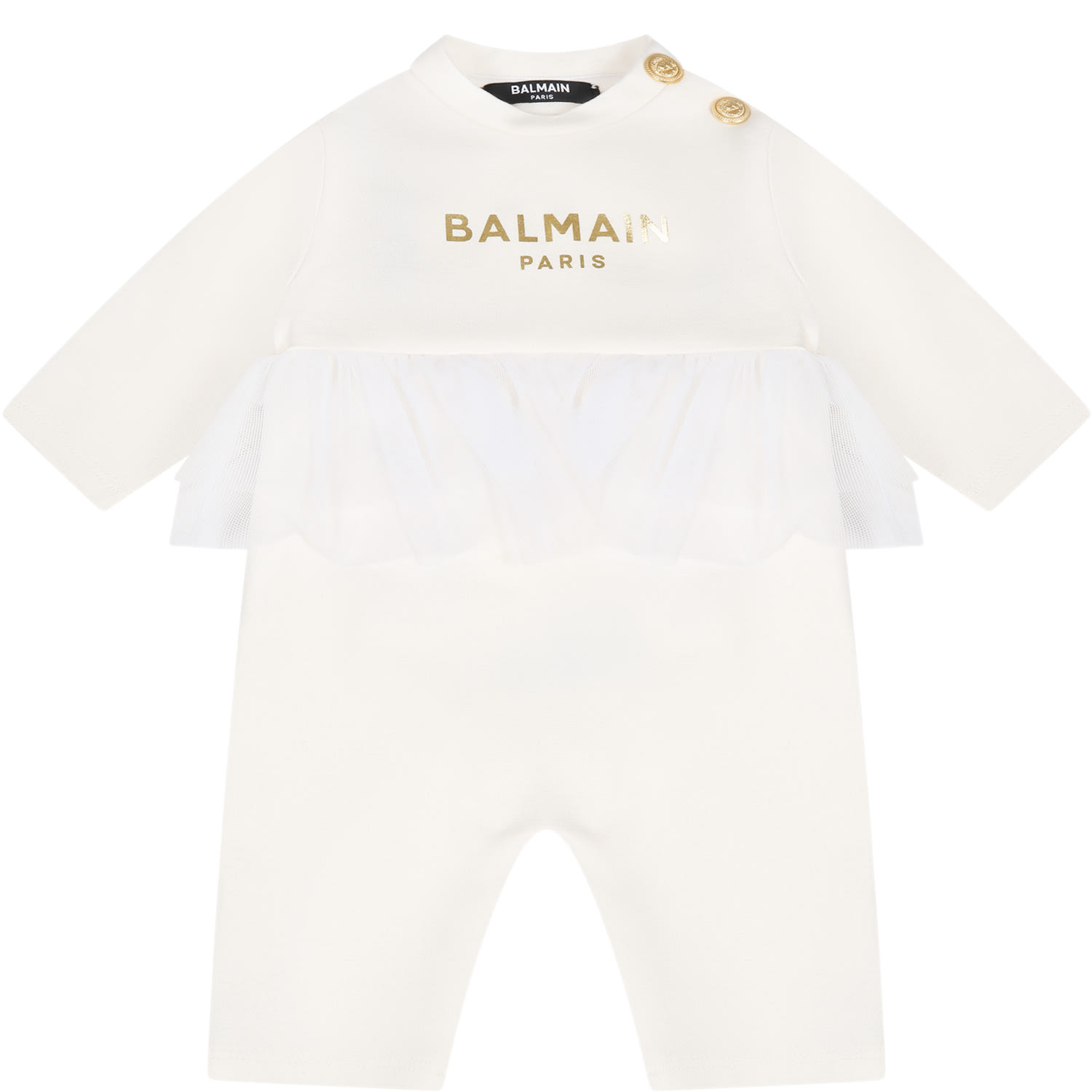 Balmain White Babygrow For Baby Girl With Logo