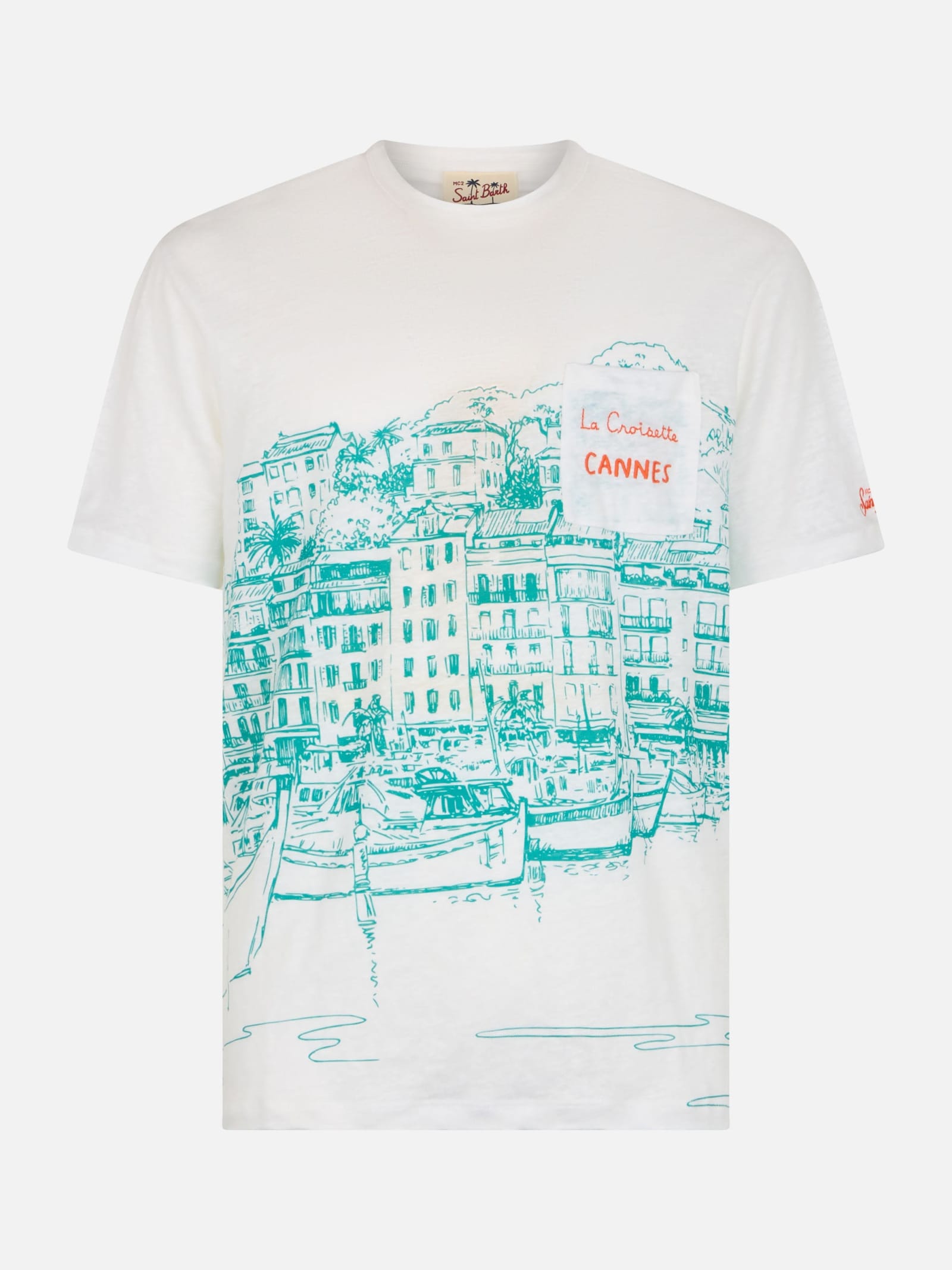 MC2 SAINT BARTH MAN LINEN JERSEY T-SHIRT ECSTASEA WITH CANNES PLACED PRINT AND EMBROIDERED POCKET