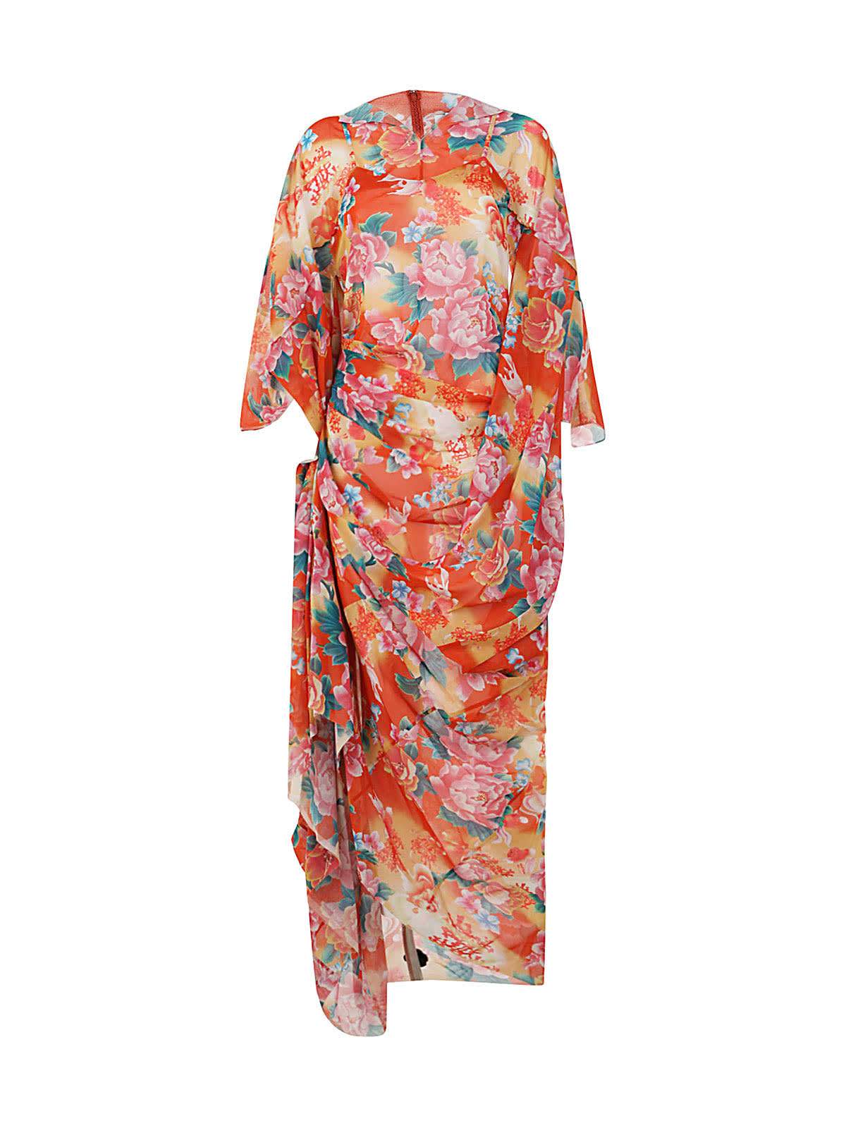 Junya Watanabe Asymmetric Ruched Floral-print Cotton-voile Maxi