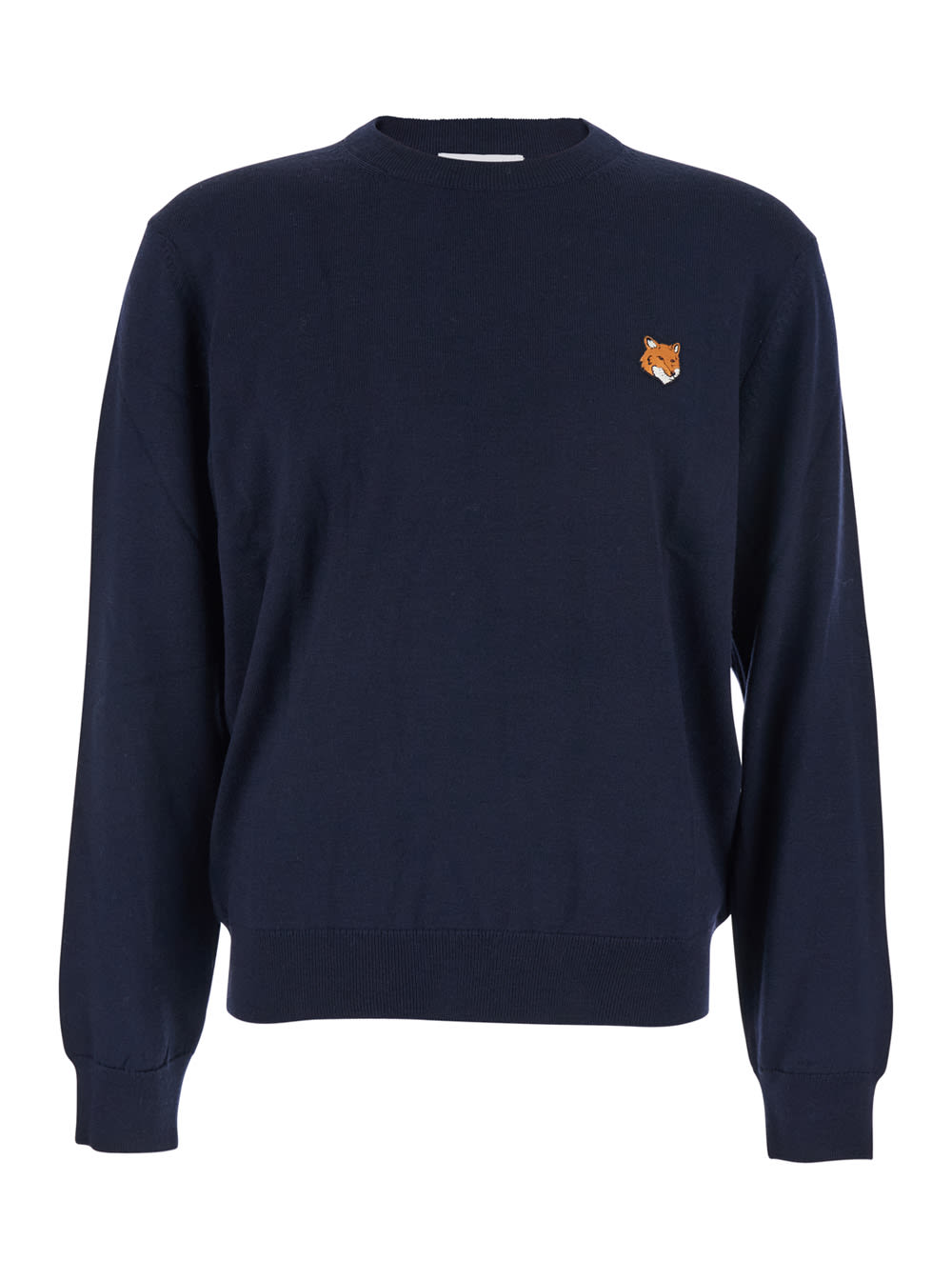 Maison Kitsuné Blue Crew Neck Sweater With Fox Patch On The Front In Wool Man In Multi