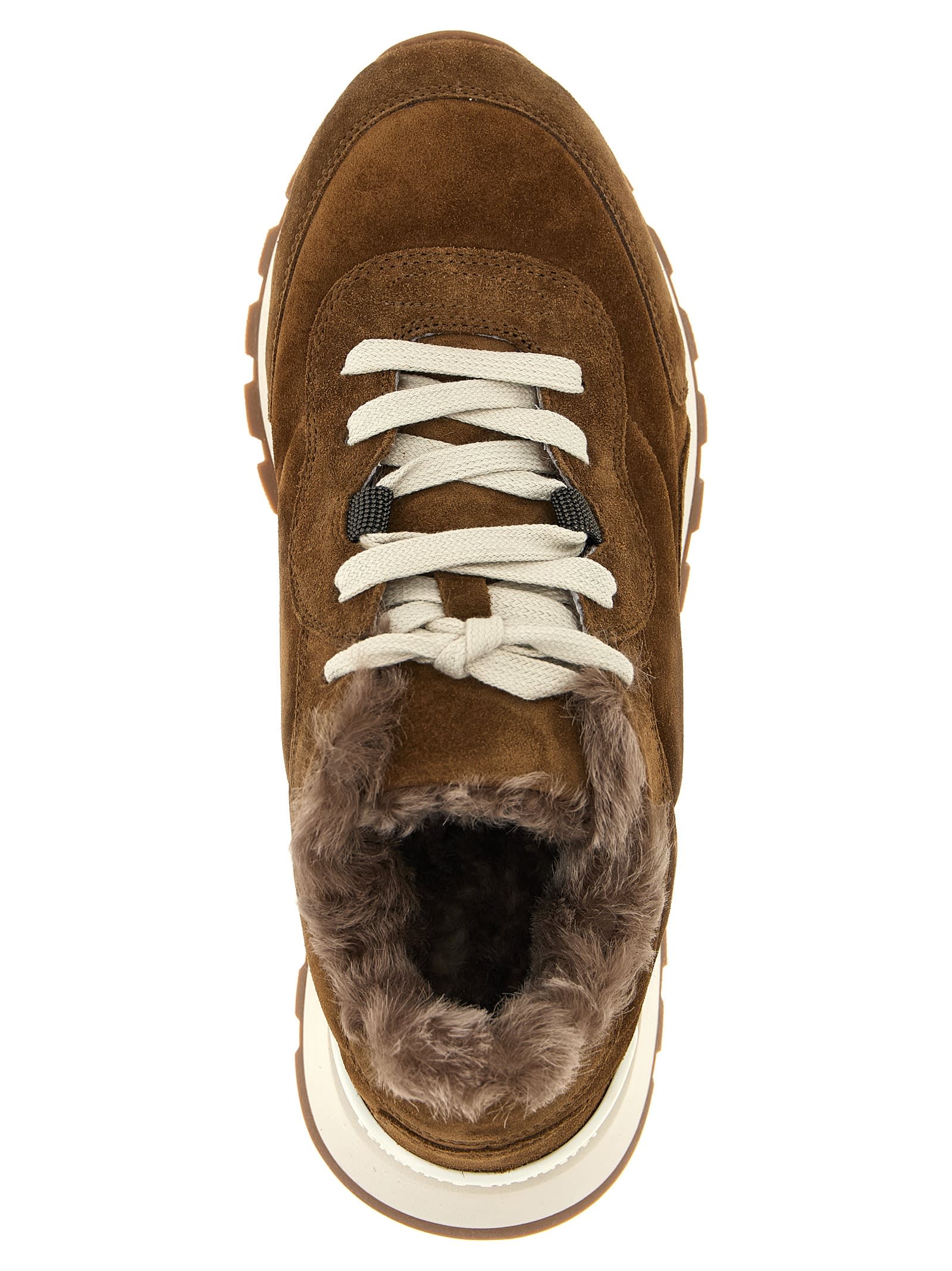 Brunello Cucinelli Runner Monili Suede And Canvas Sneakers In Nude