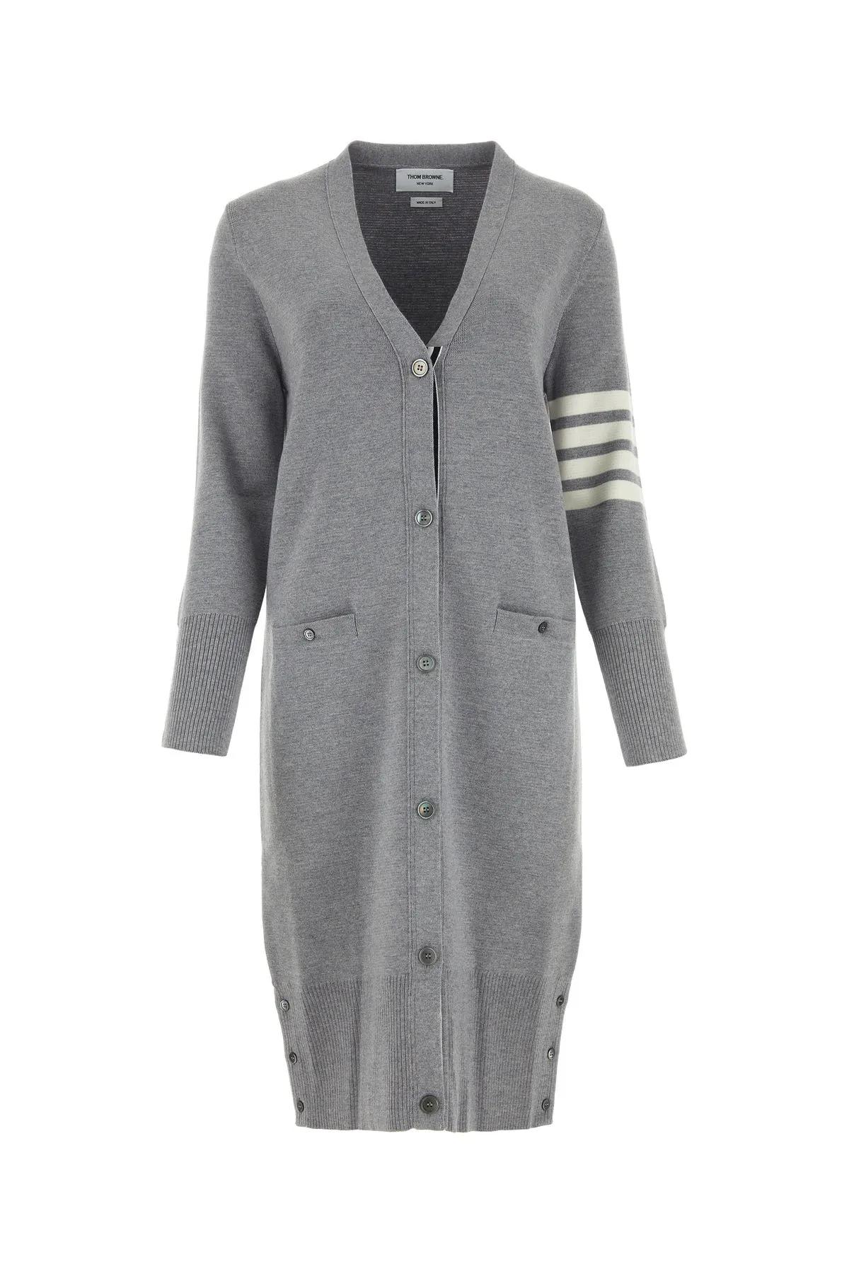 Thom Browne Virgn Wool Cardigan Dress With Sporty Stripe Detail In Gray