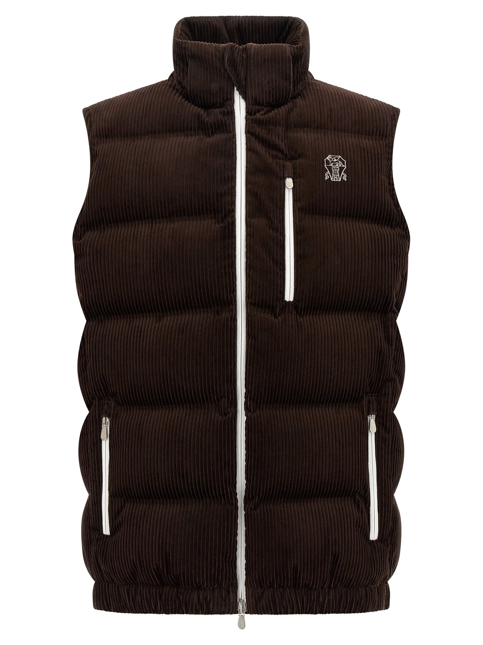 Brunello Cucinelli Velvet Padded Hooded Sleeveless Gilet In Brown