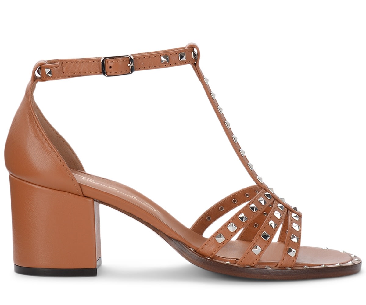 Via Roma 15 Heeled Sandals In Tan Leather With Studs
