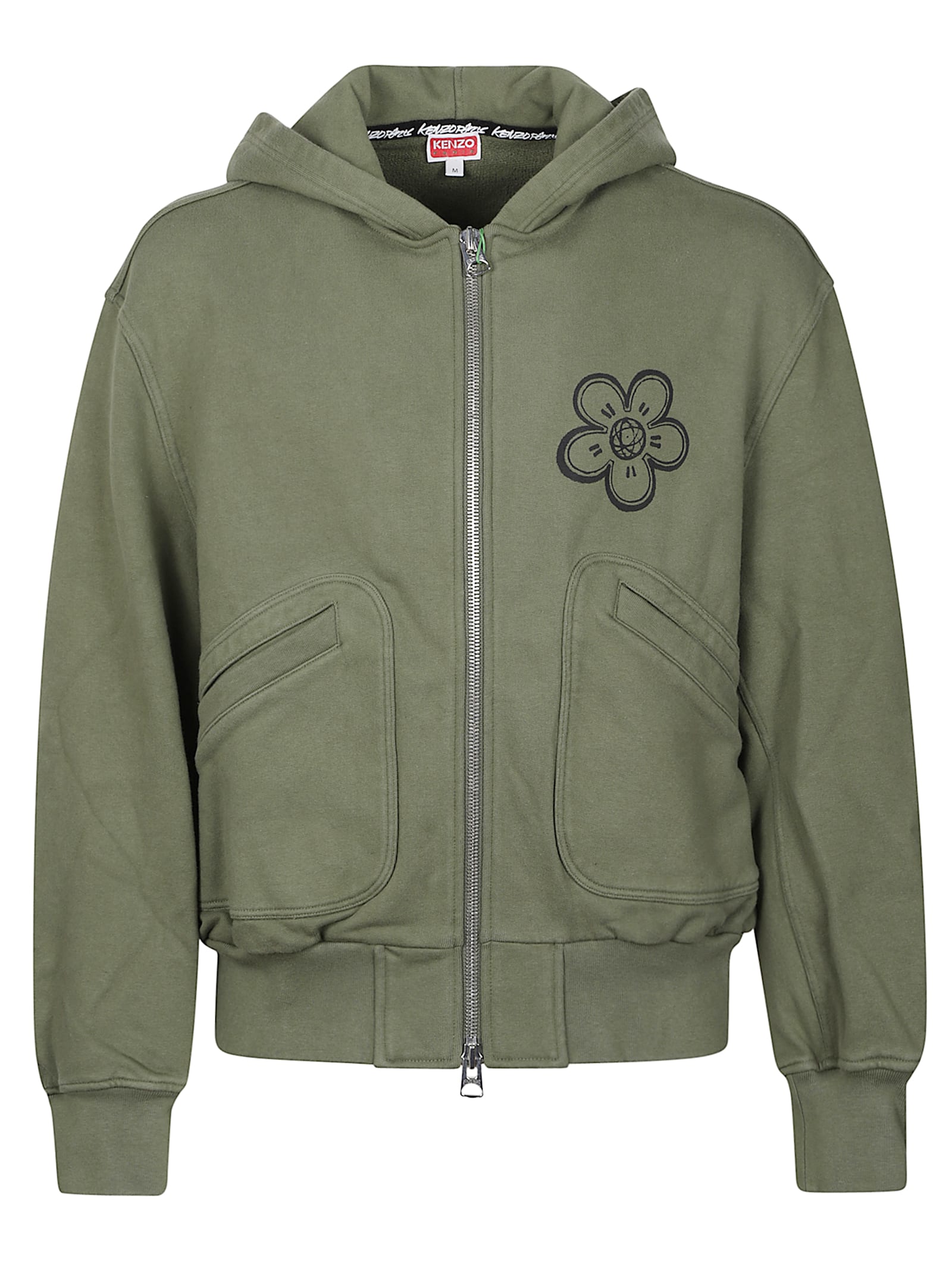 Kenzo Zip-up Hoodie With Front Pockets And Graphic Print In Green