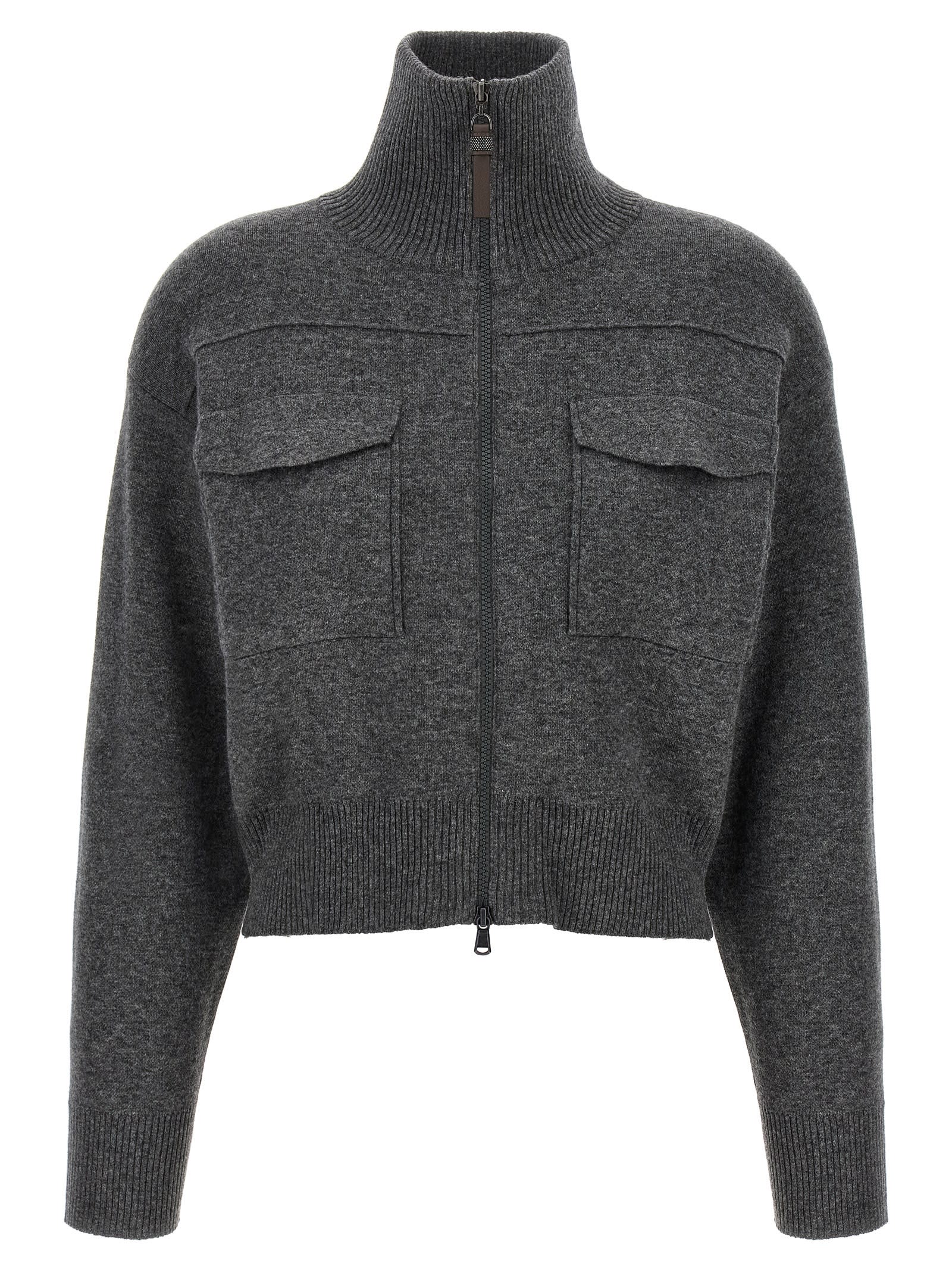 Brunello Cucinelli Shiny Zipper Pull Wool Cardigan In Gray