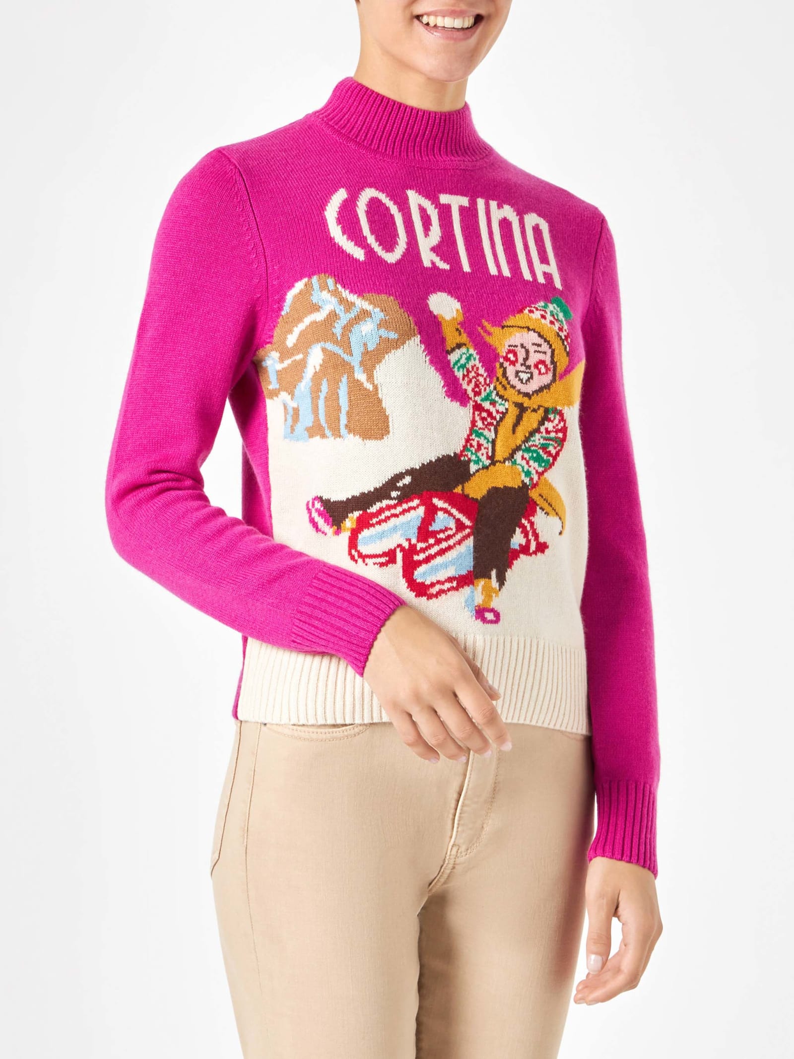 Shop Mc2 Saint Barth Woman Crewneck Sweater With Cortina Postcard In Pink
