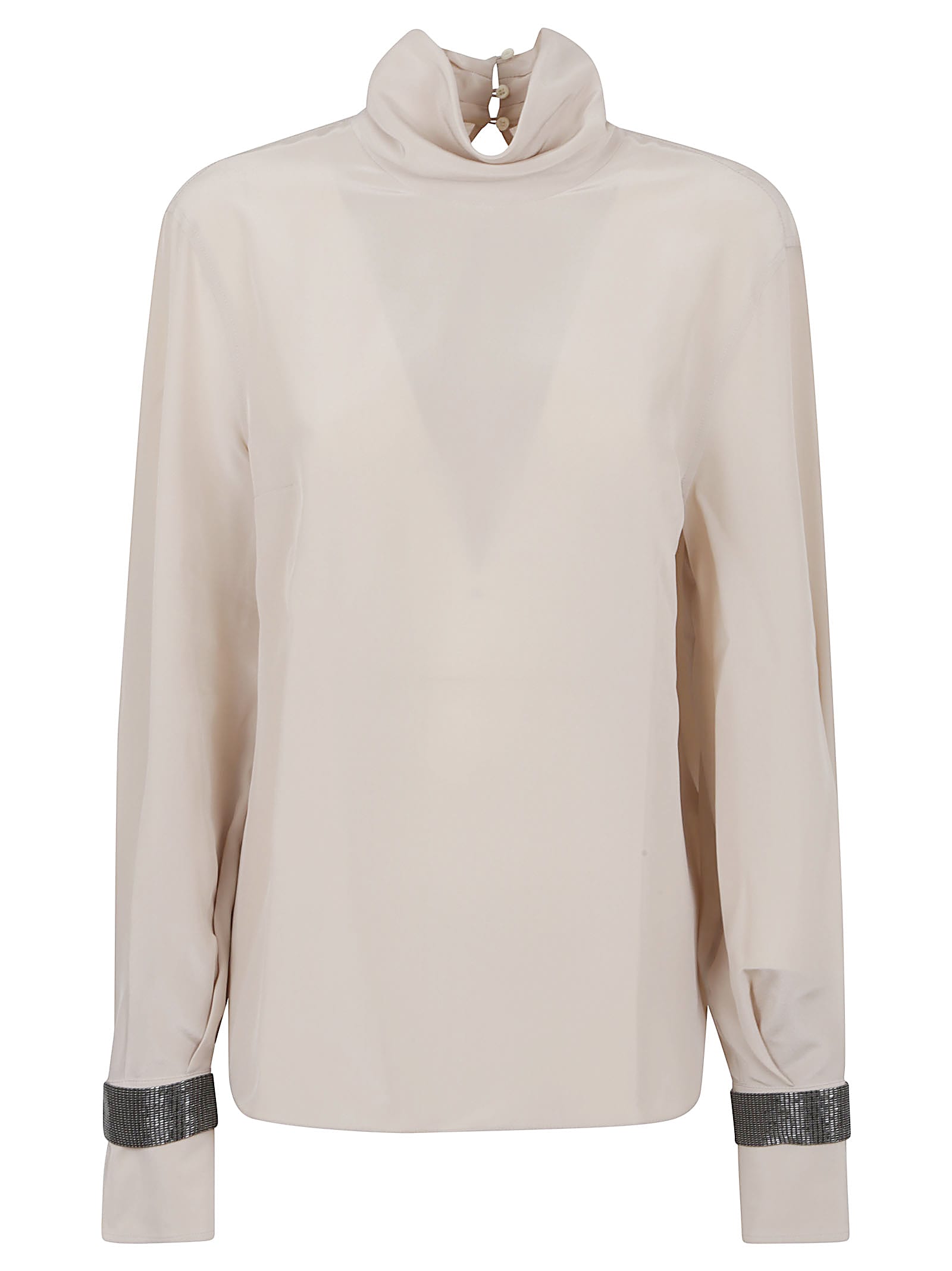 Brunello Cucinelli Embellished Cuffs High Neck Blouse In Multi