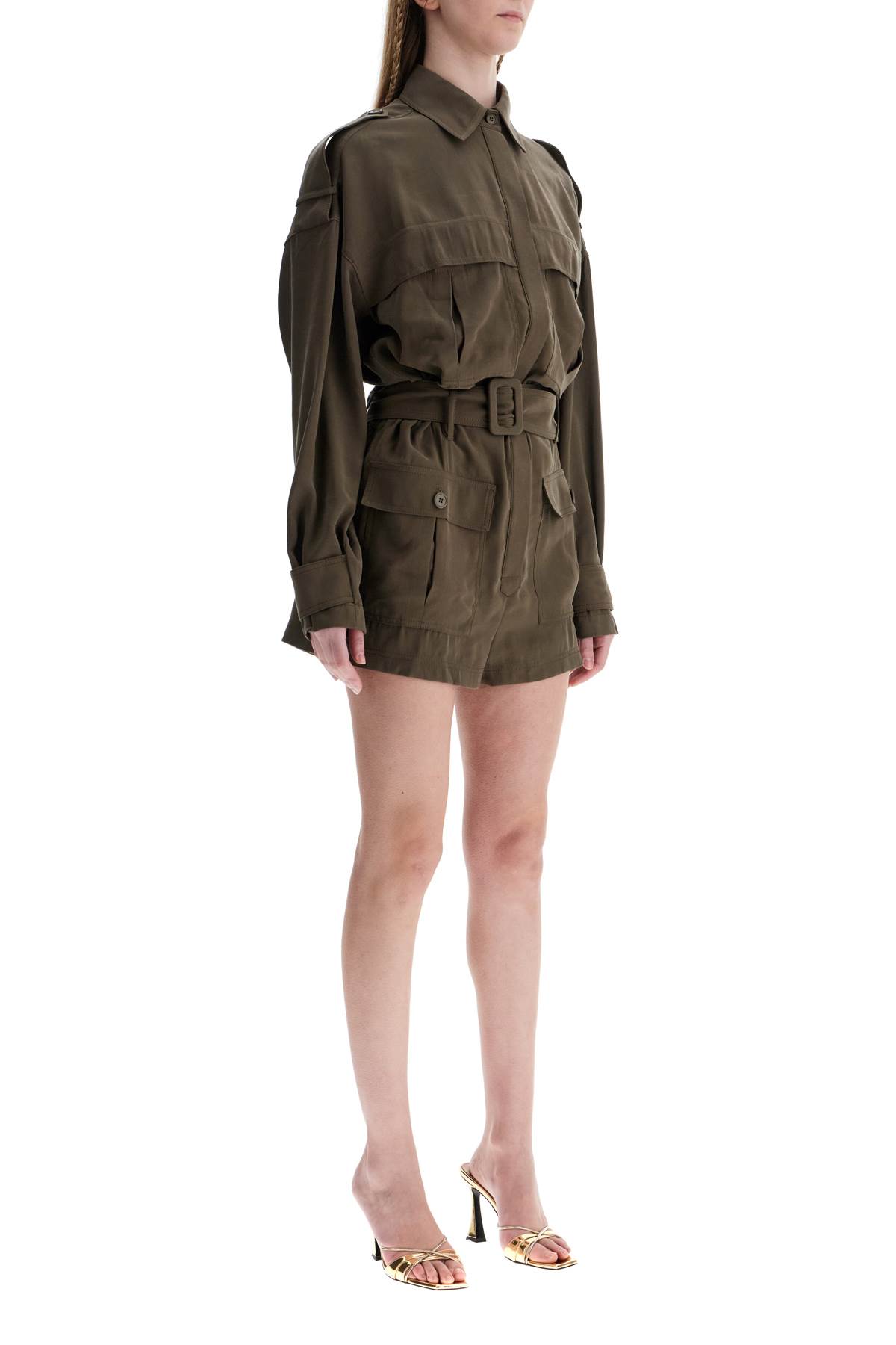 Khaki Viscose Short Jumpsuit With Adjustable Waist