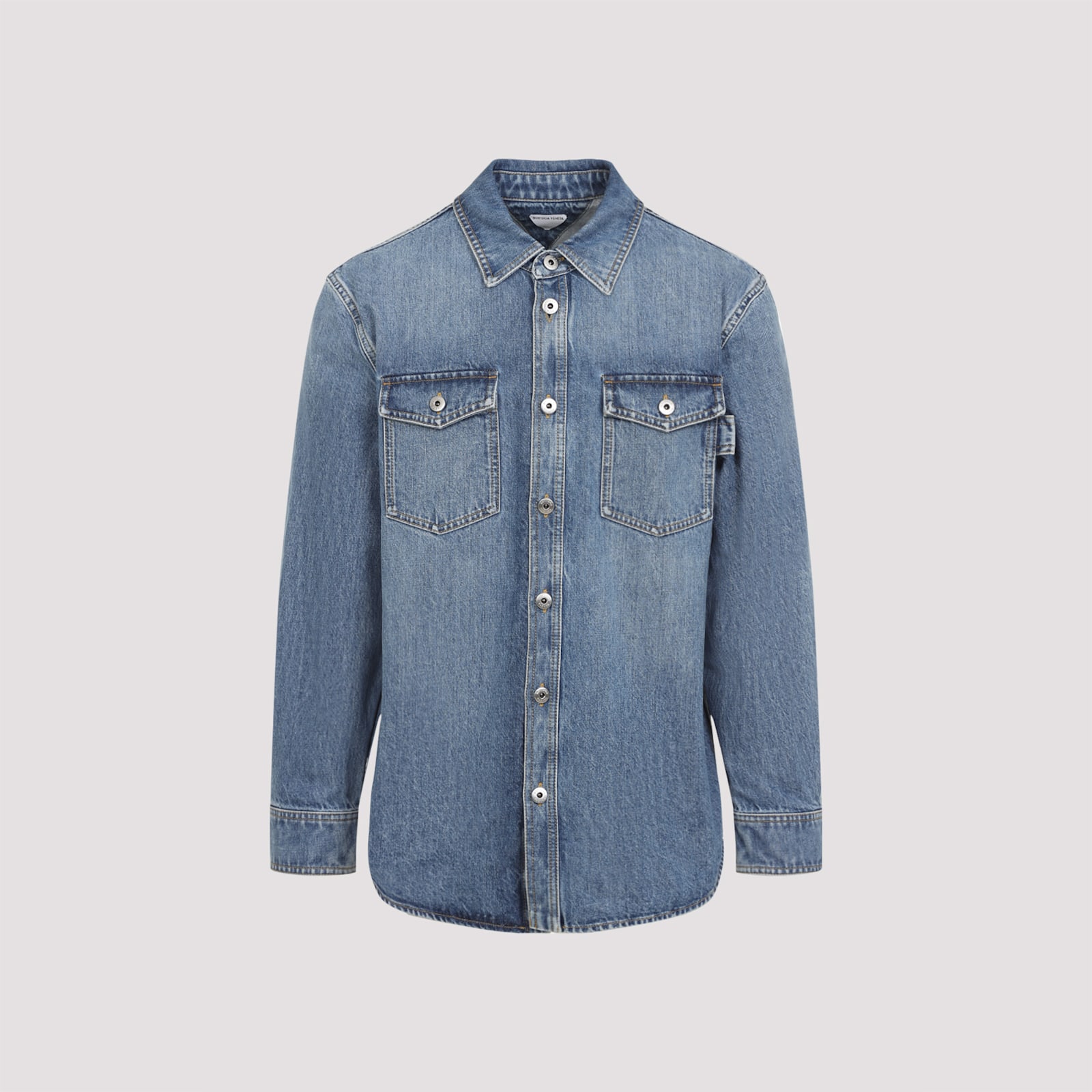 Bottega Veneta Denim Shirt With Flap Pockets And Contrasting Stitching In Blue