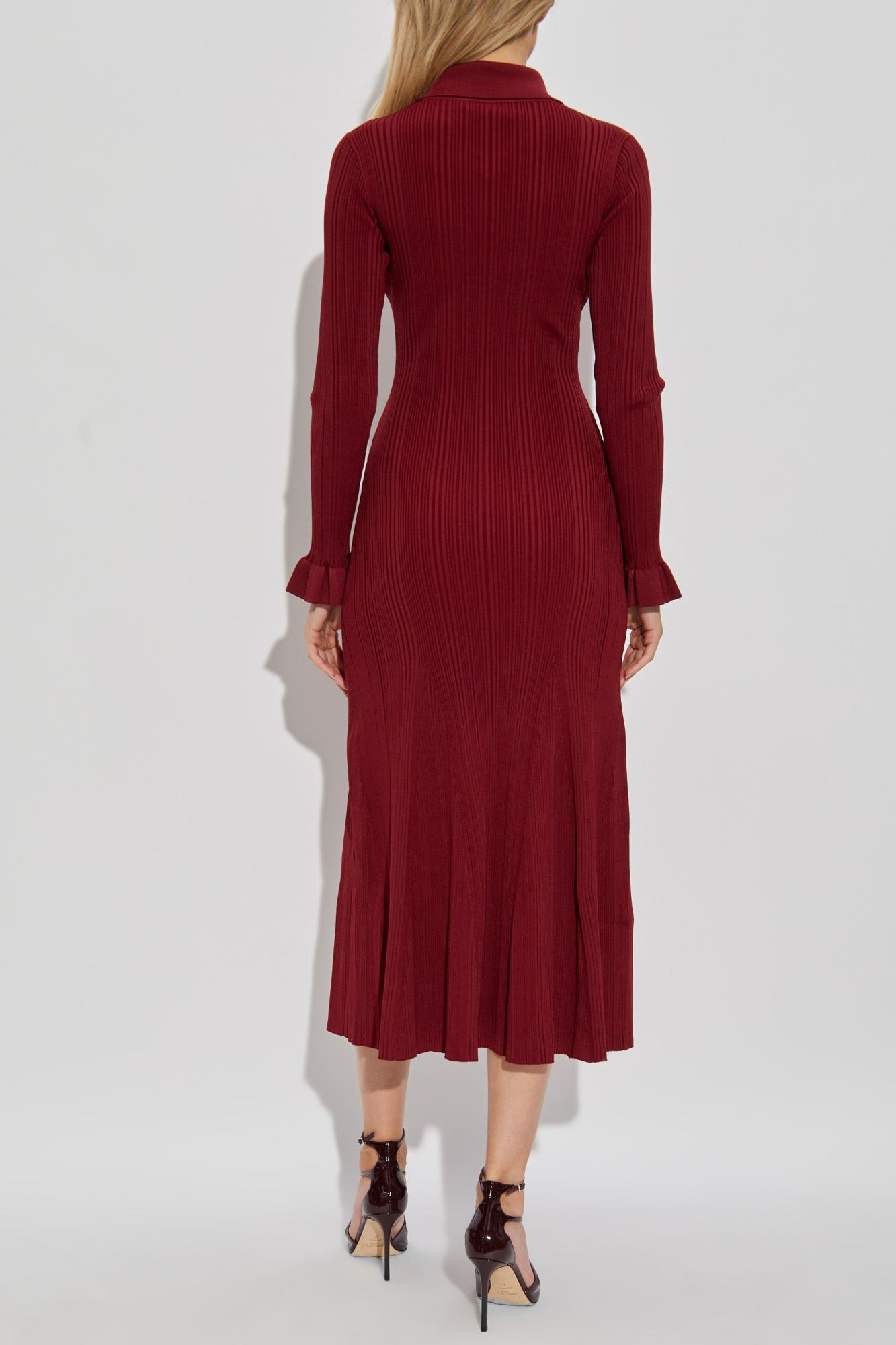 Self-portrait Button-embellished Ribbed-knit Midi Dress In Burgundy