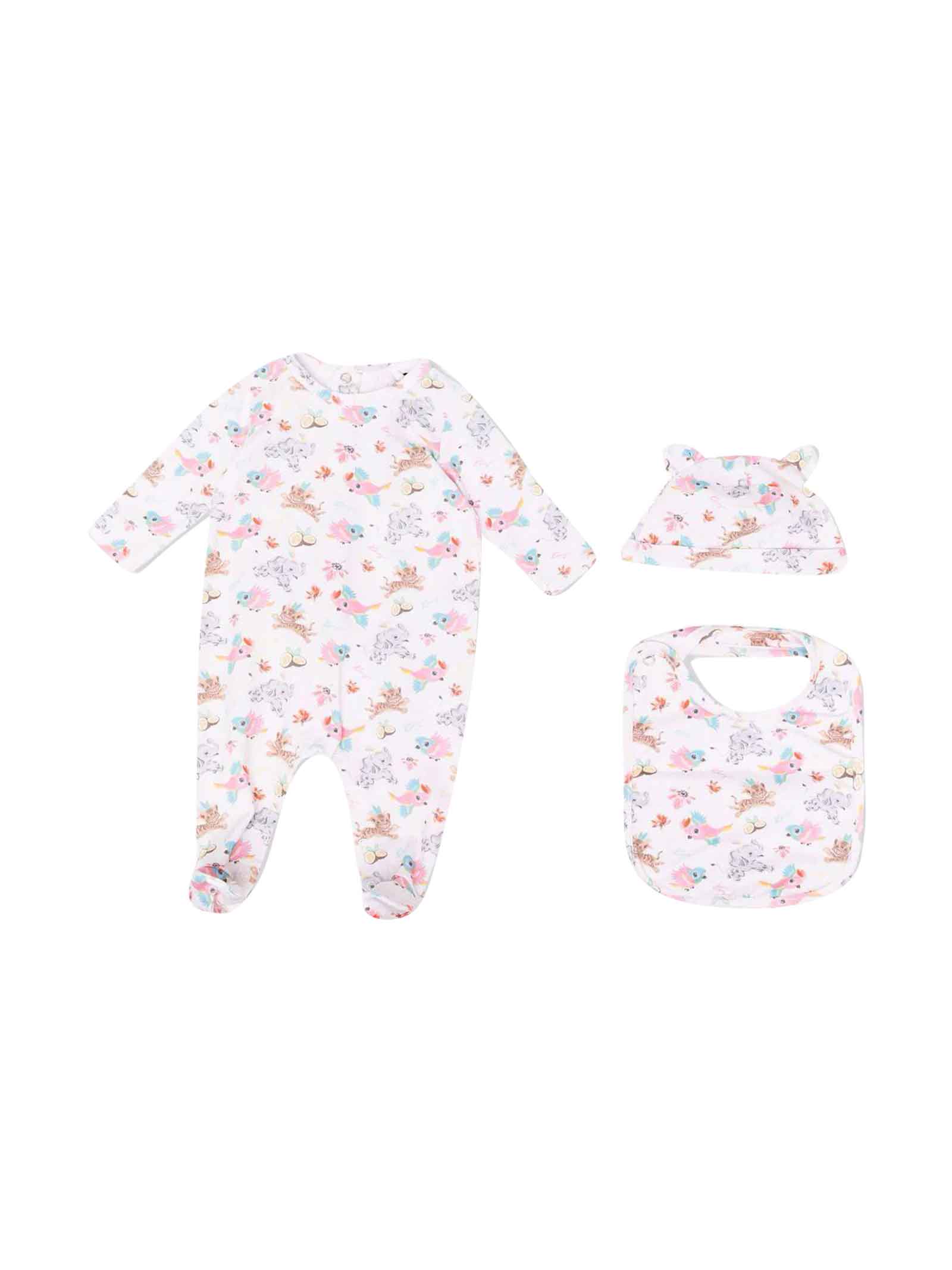 Kenzo Kids Pink Baby Girl Romper, Hat And Bib Set With All-over Jungle Animal Print, Round Neck Jumpsuit, Long Sleeves And Snap Button Closure By.
