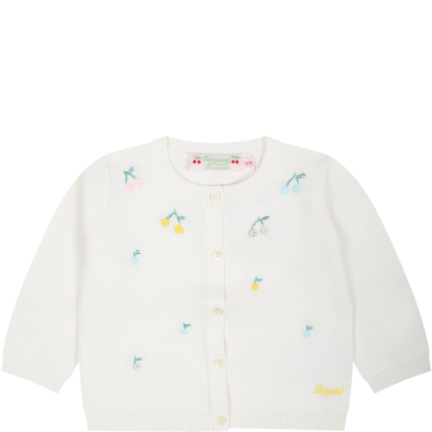 Shop Bonpoint White Cardigan For Baby Girl With All-over Embroidered Cherries