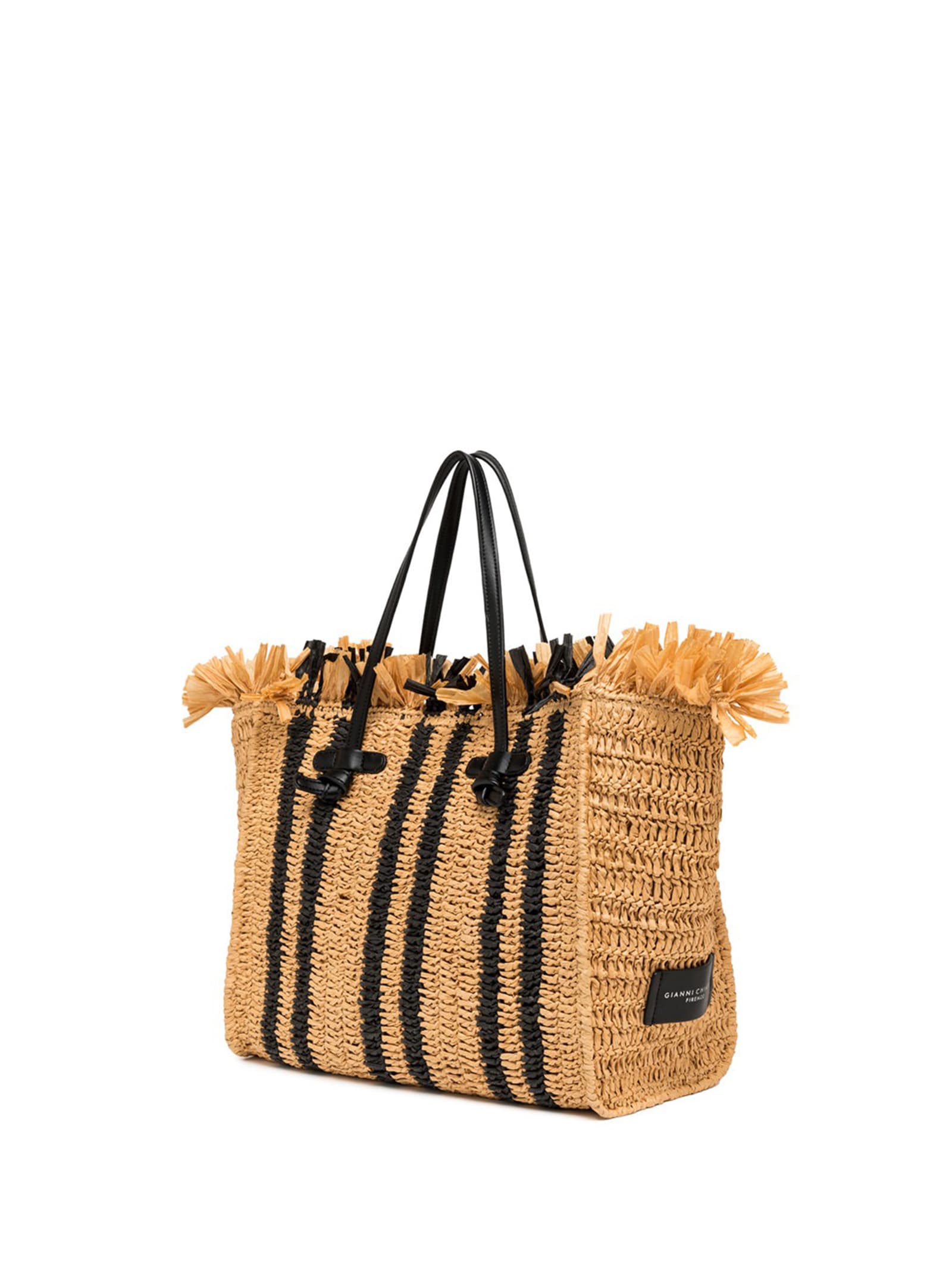 Shop Gianni Chiarini Marcella Shopping Bag With Straw In Nero