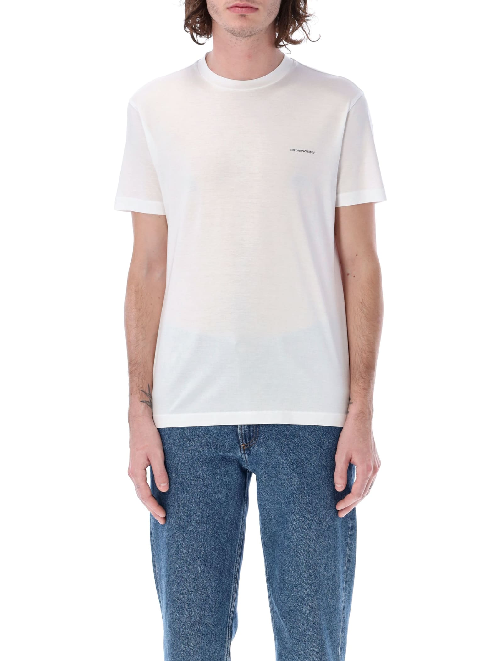 Emporio Armani Tencel-jersey Blend T-shirt With Logo Lettering In White
