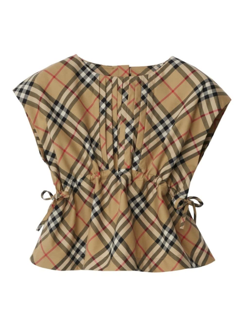 BURBERRY BEIGE TOP WITH PLEATED DETAIL AND CHECK PRINT IN COTTON GIRL 