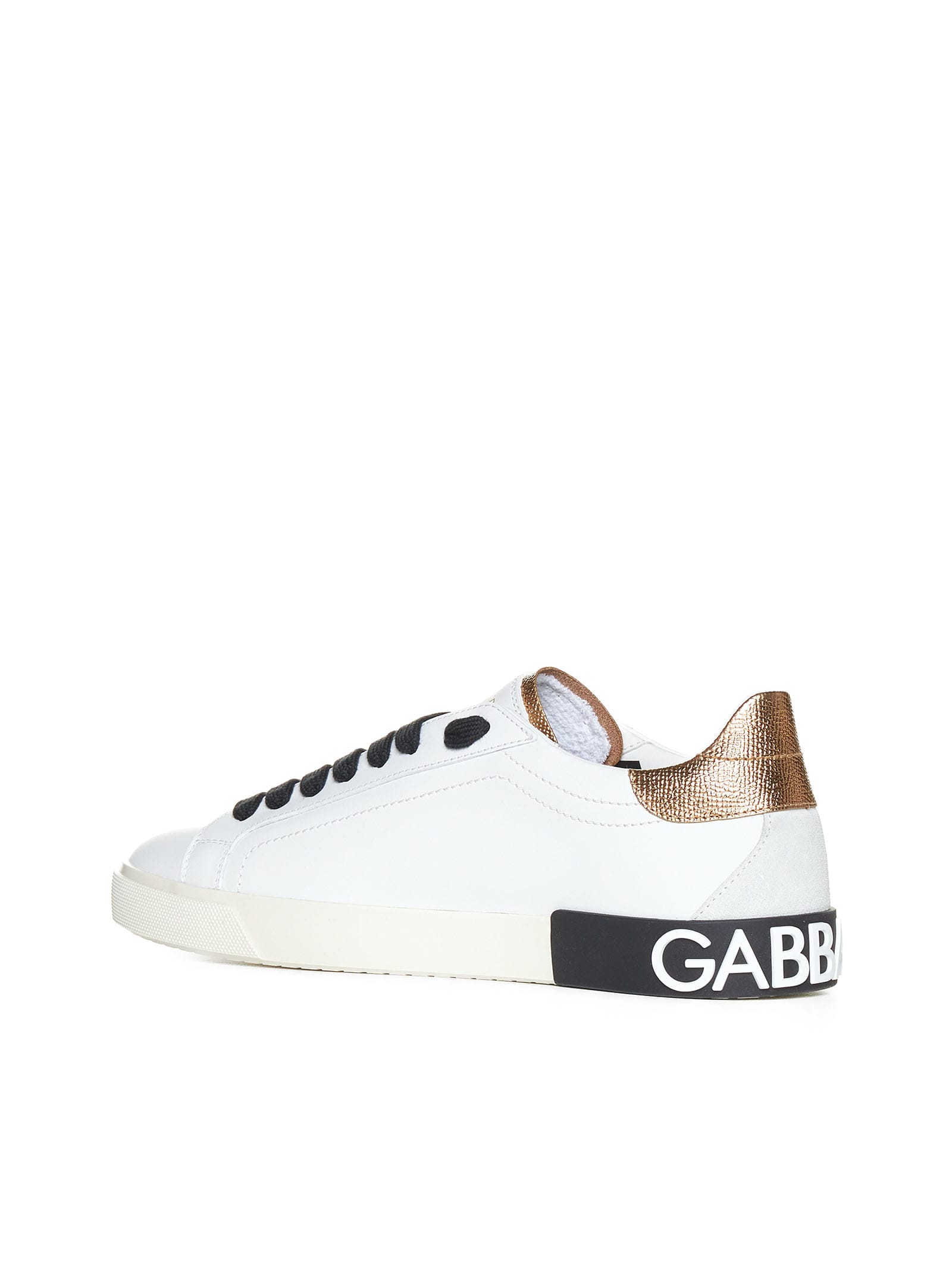 Dolce & Gabbana 'new Portofino' White Low Top Sneakers With Metallic Heel Tab And Logo Patch In Leather Woman In White / Gold