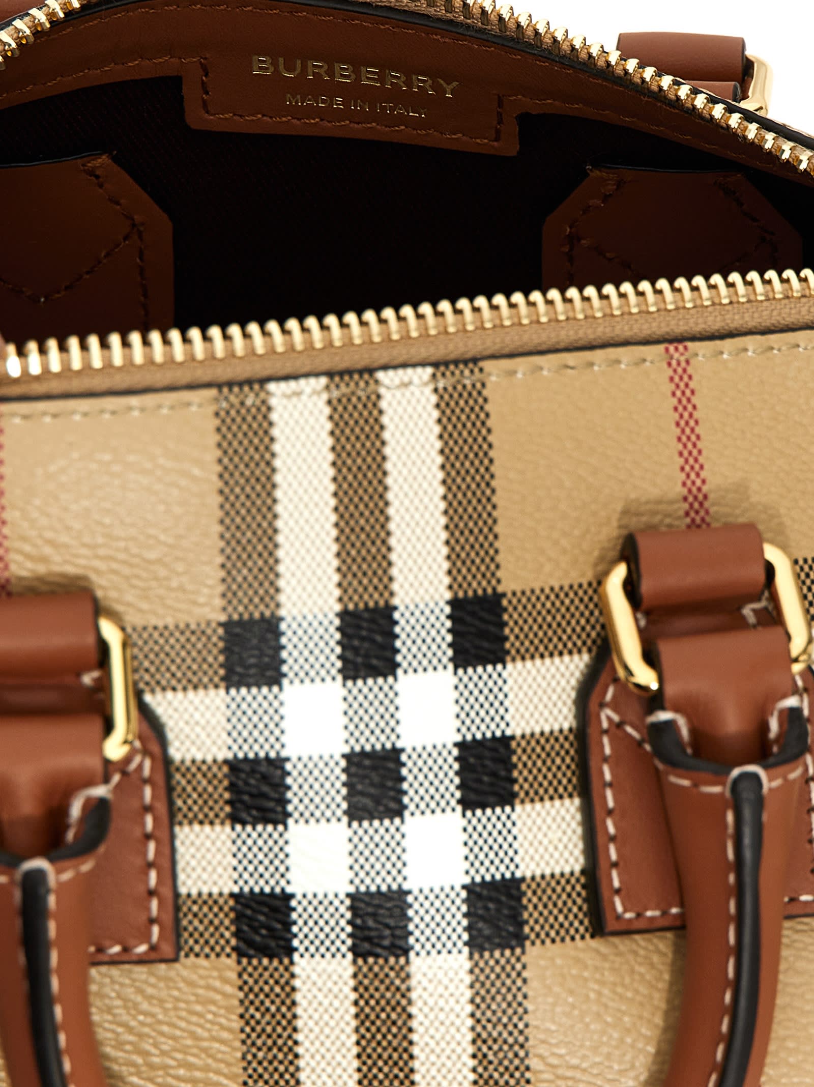 Burberry Checkered Canvas Medium Handbag With Leather Trim In Multicolor