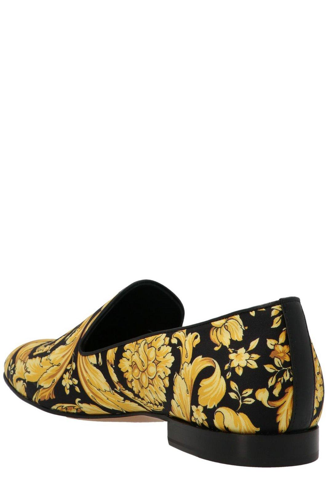 Shop Versace Baroque Pattern Pointed Toe Loafers In Yellow/black