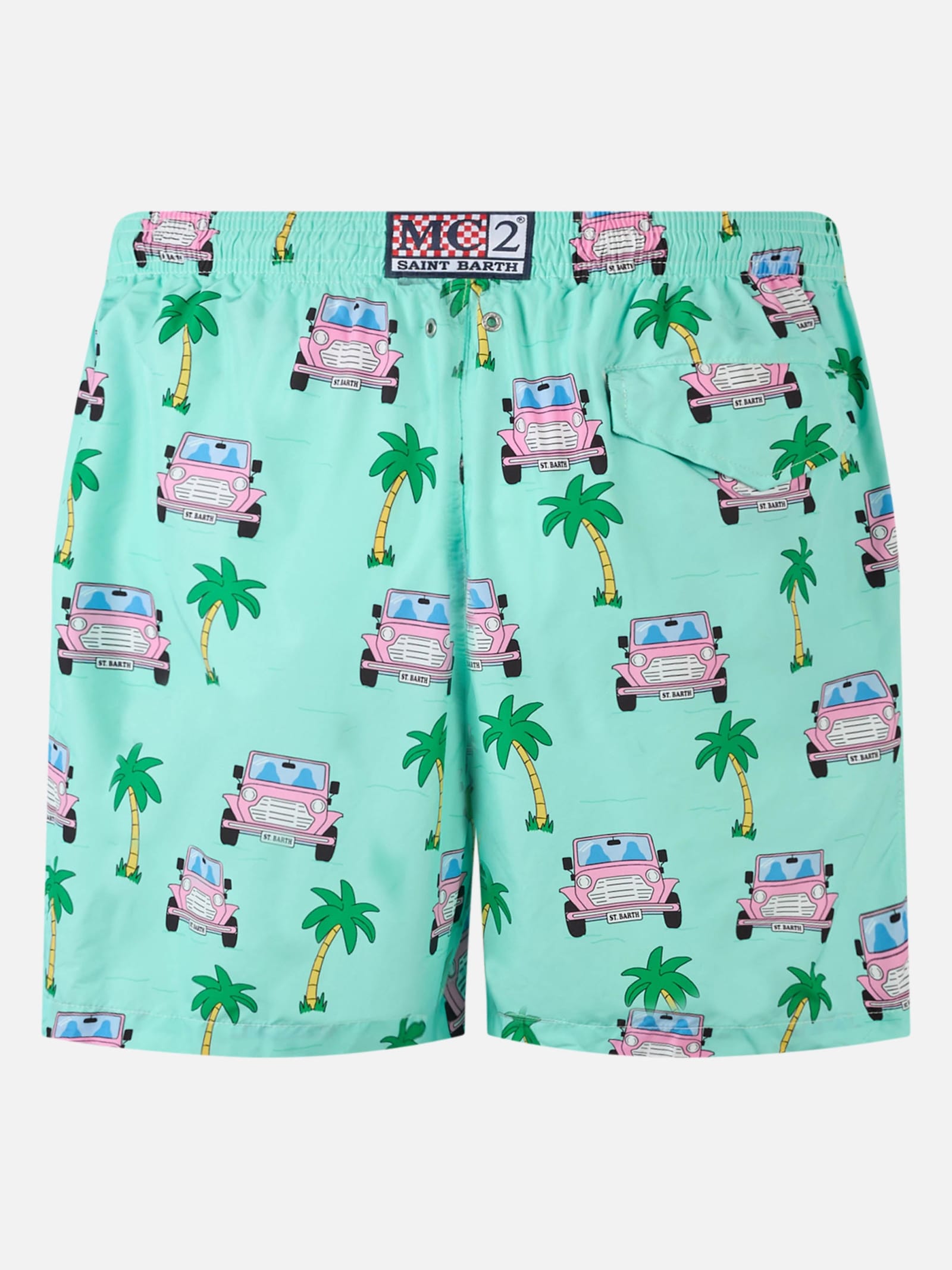 Mc2 Saint Barth Man Lightweight Fabric Swim-shorts Lighting With Off-road Car Print In Green