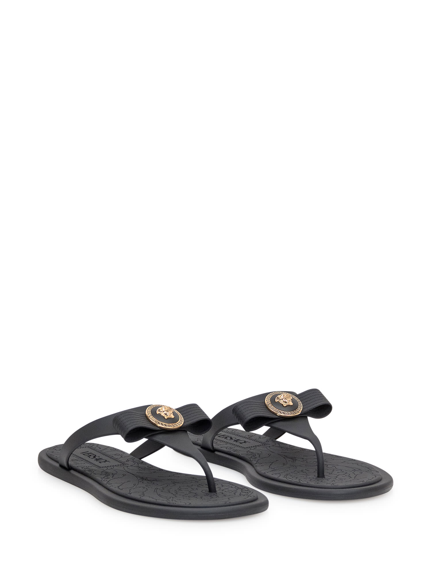 Versace Black Flats In Black- Gold