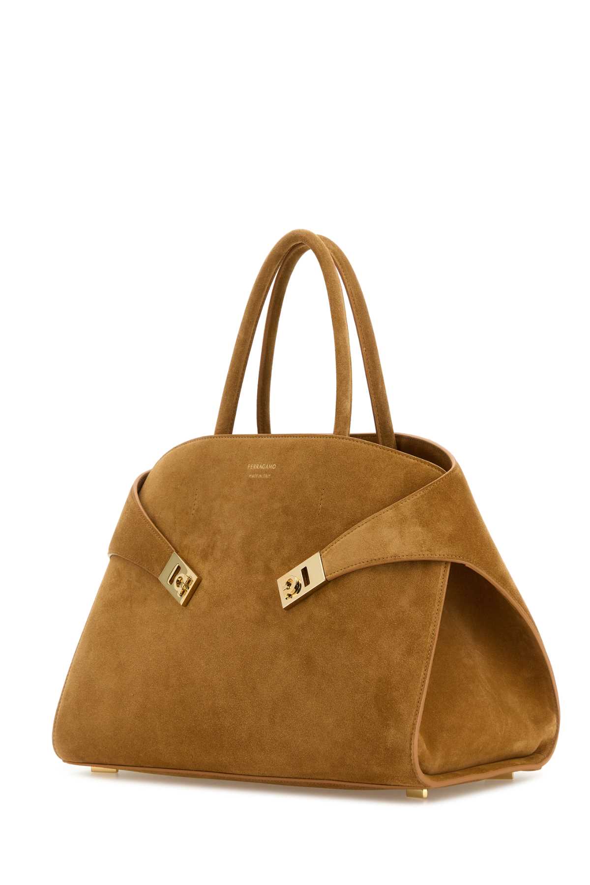 Ferragamo Large Structured Suede Handbag With Top Handles In Brown