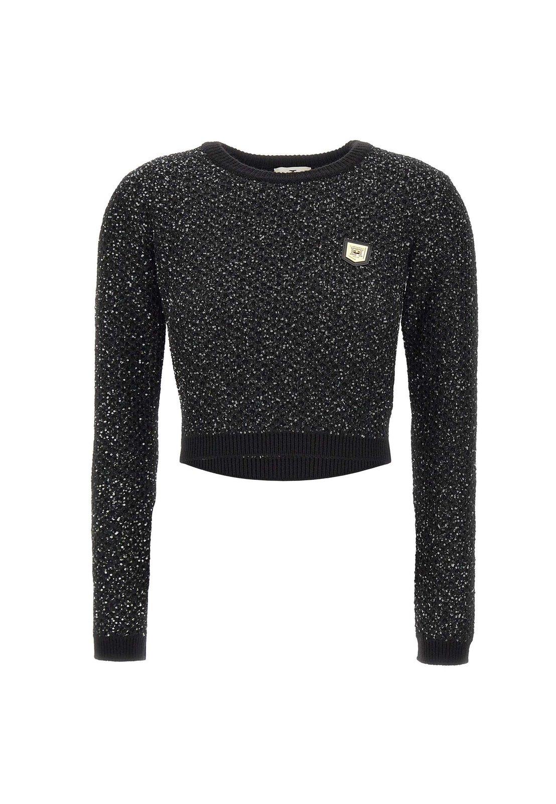 Shop Elisabetta Franchi Sequin Thread Cropped Top In Black