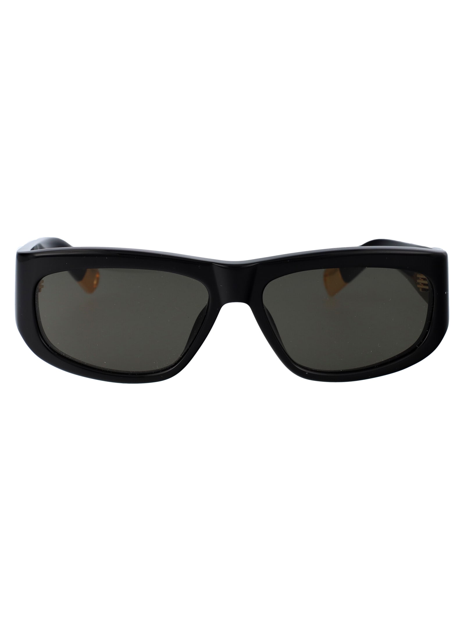 Shop Jacquemus Pilota Sunglasses In 01 Black/ Yellow Gold/ Grey