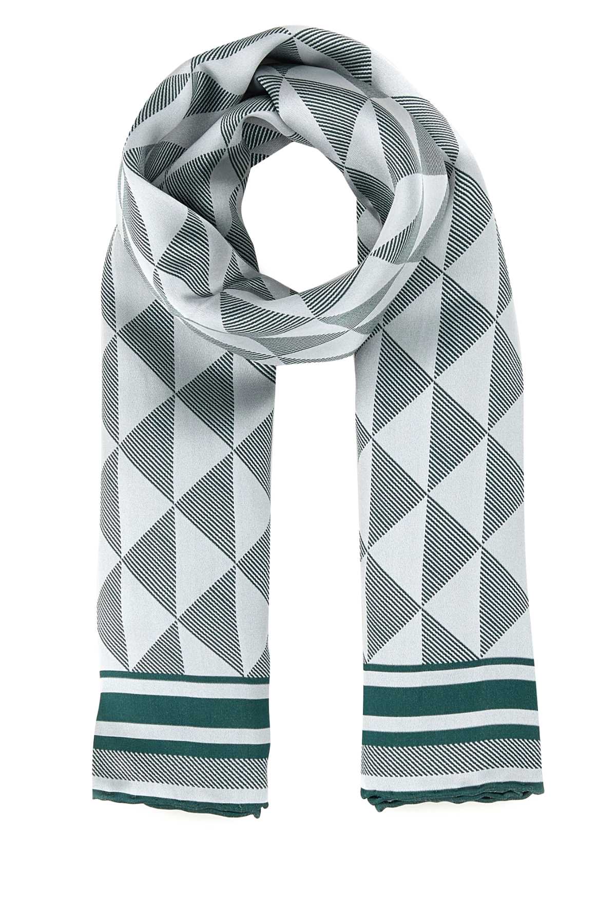 Prada Geometric Silk Scarf Fringed Edges In Gray
