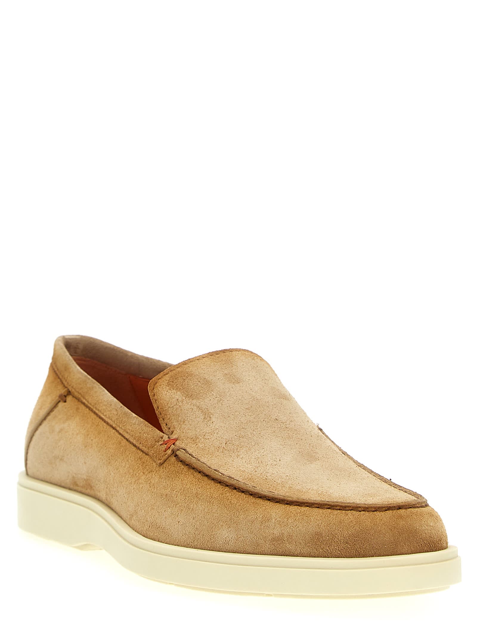 Santoni Brown Suede Loafers With Rubber Sole In Beige