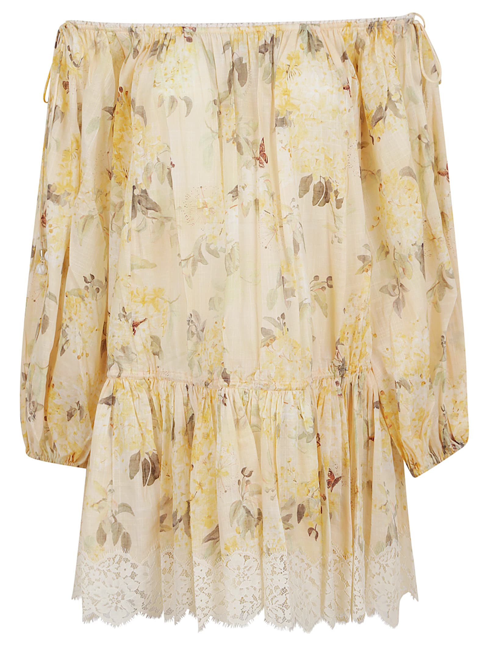 Zimmermann Cascadian Off-the-shoulder Lace-trimmed Printed Cotton-voile Mini Dress In Yellow