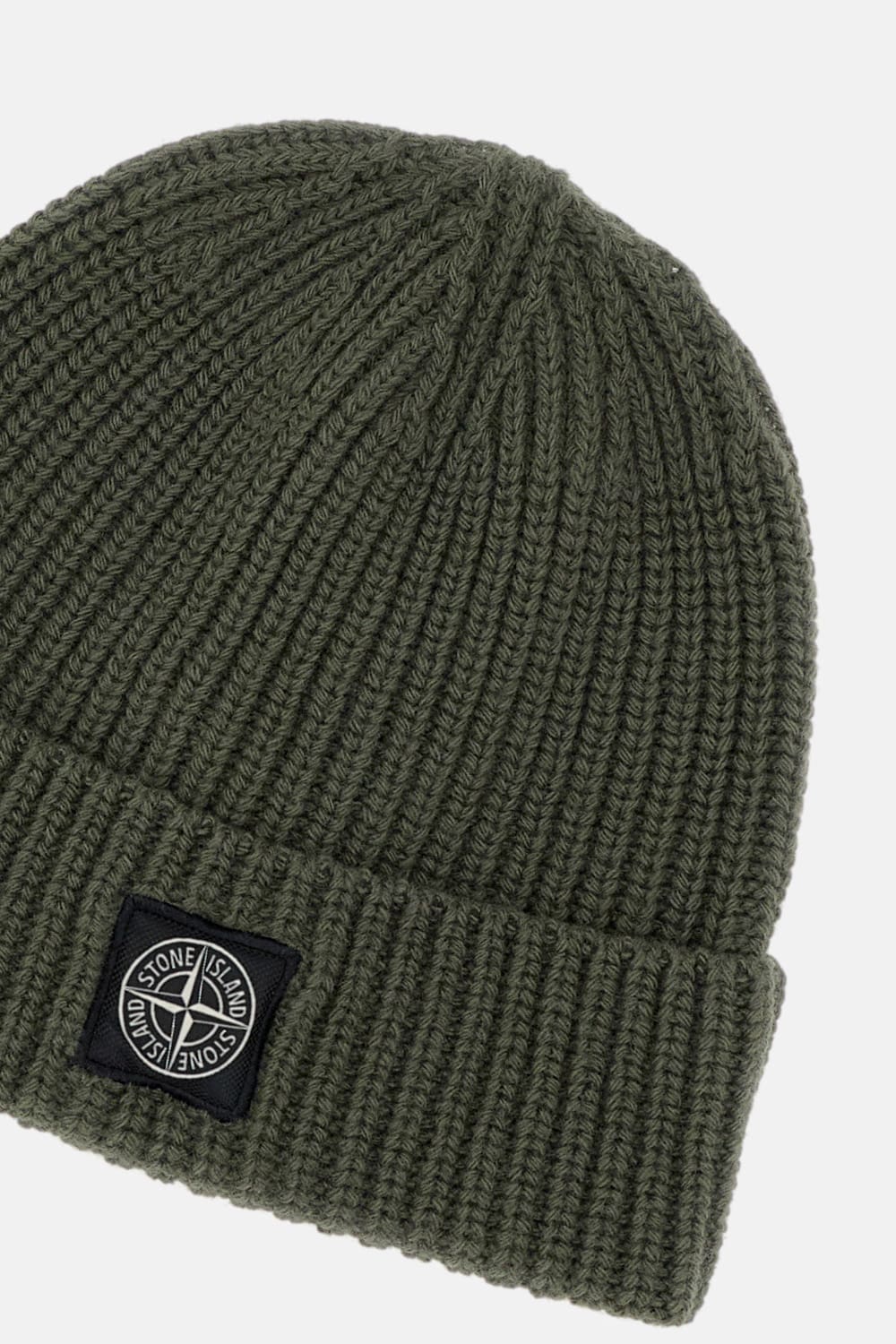 Stone Island Beanie With Compass Patch And Ribbed Cuff In Green