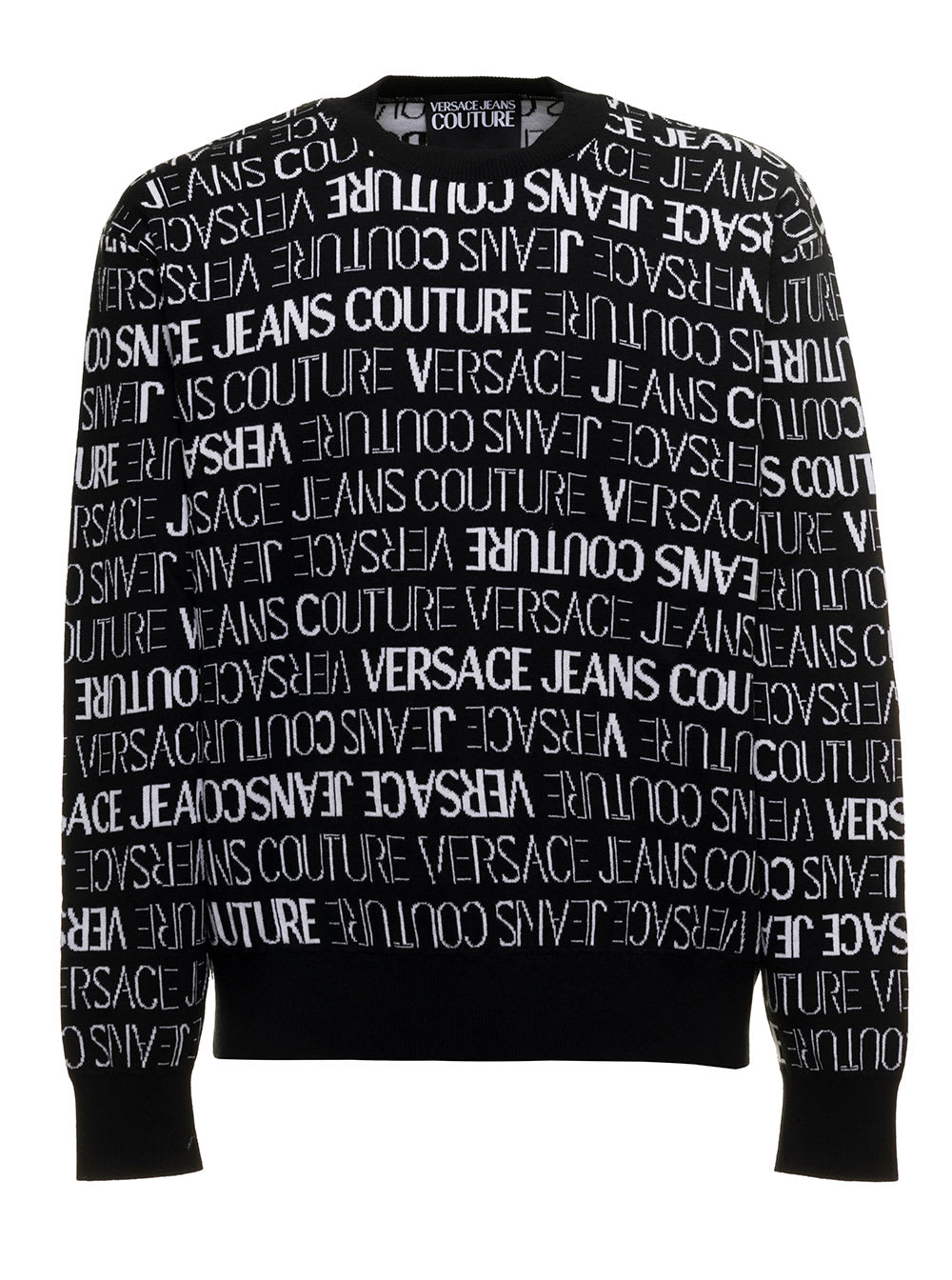 Versace Jeans Couture Mans Crew Neck Cotton Blend Sweater With Jacquard Logo Print