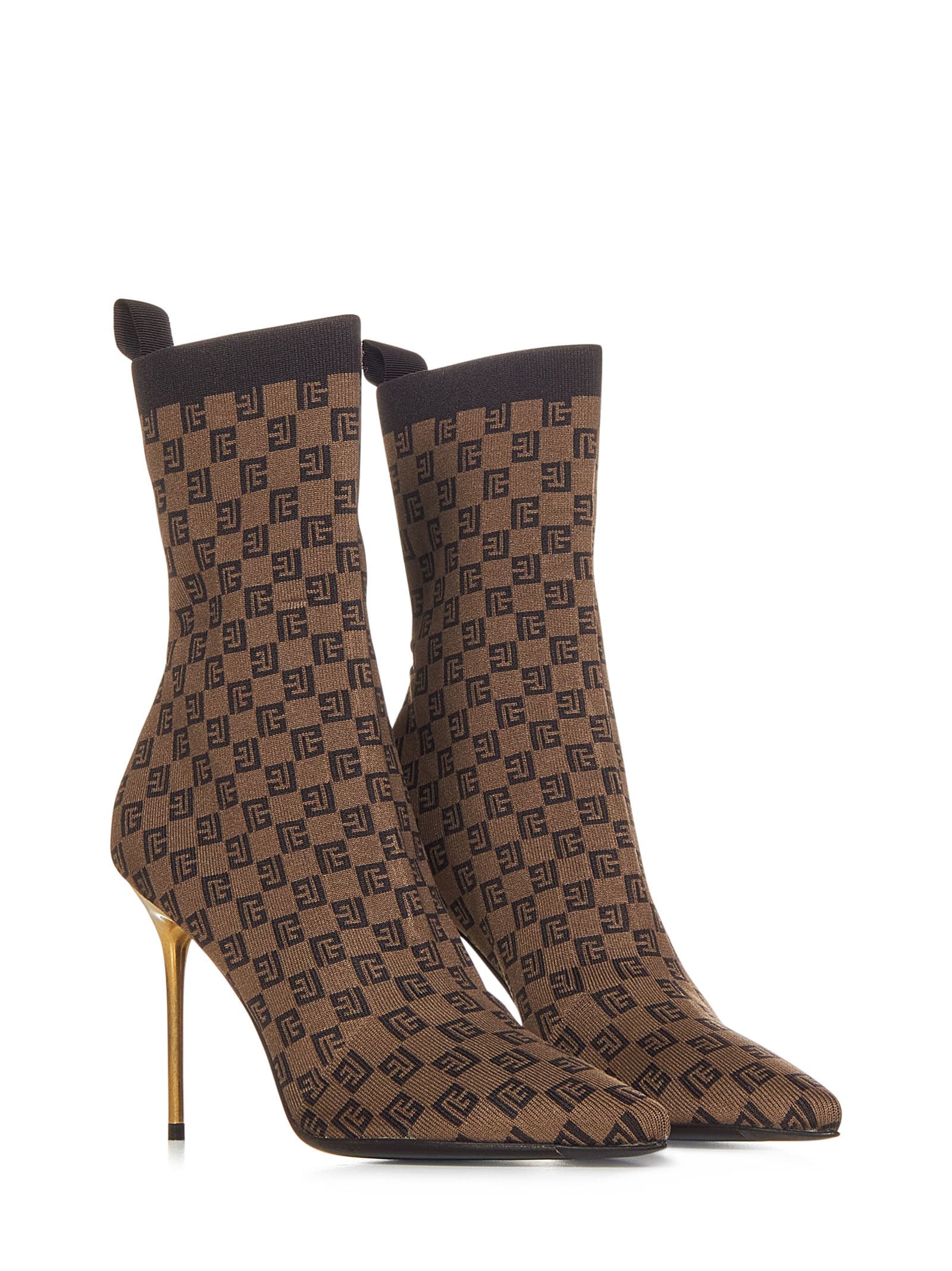 Balmain Skye Monogram Knit Stiletto Booties In Brown