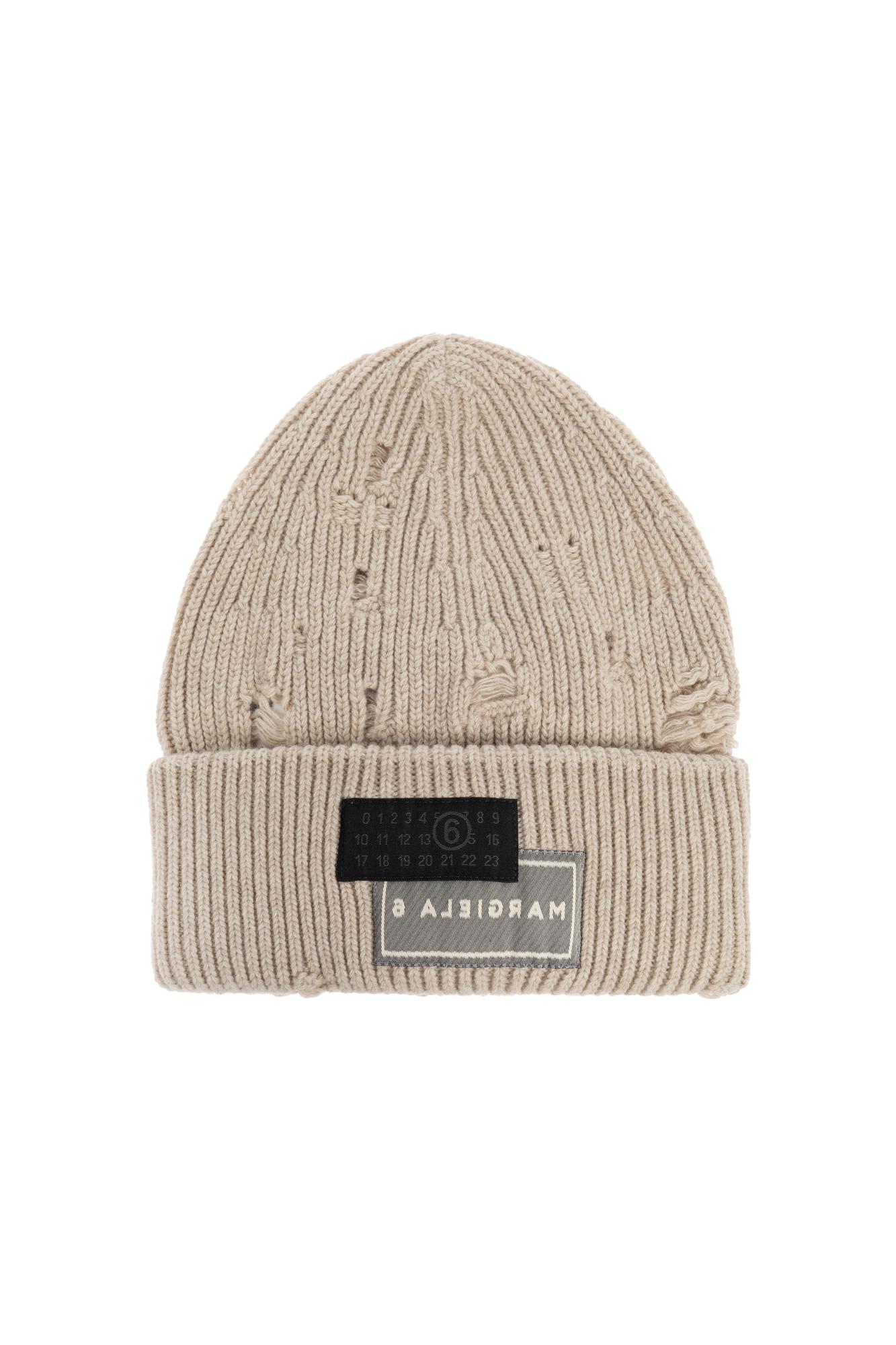 Mm6 Maison Margiela Knit Ribbed Hat Distressed Detailing In Neutral