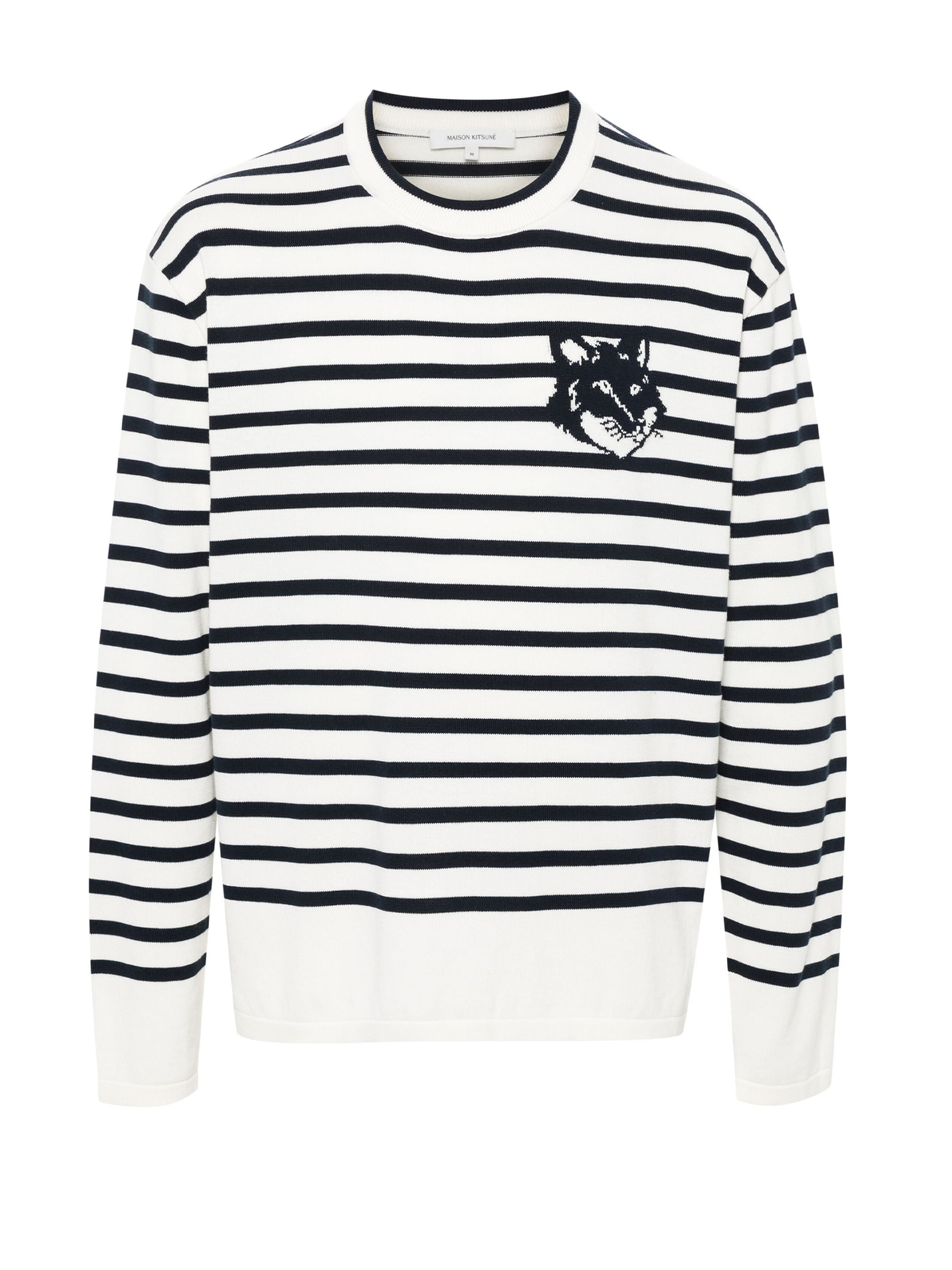 Shop Maison Kitsuné Sweater In Deep Navy Off White Stripes