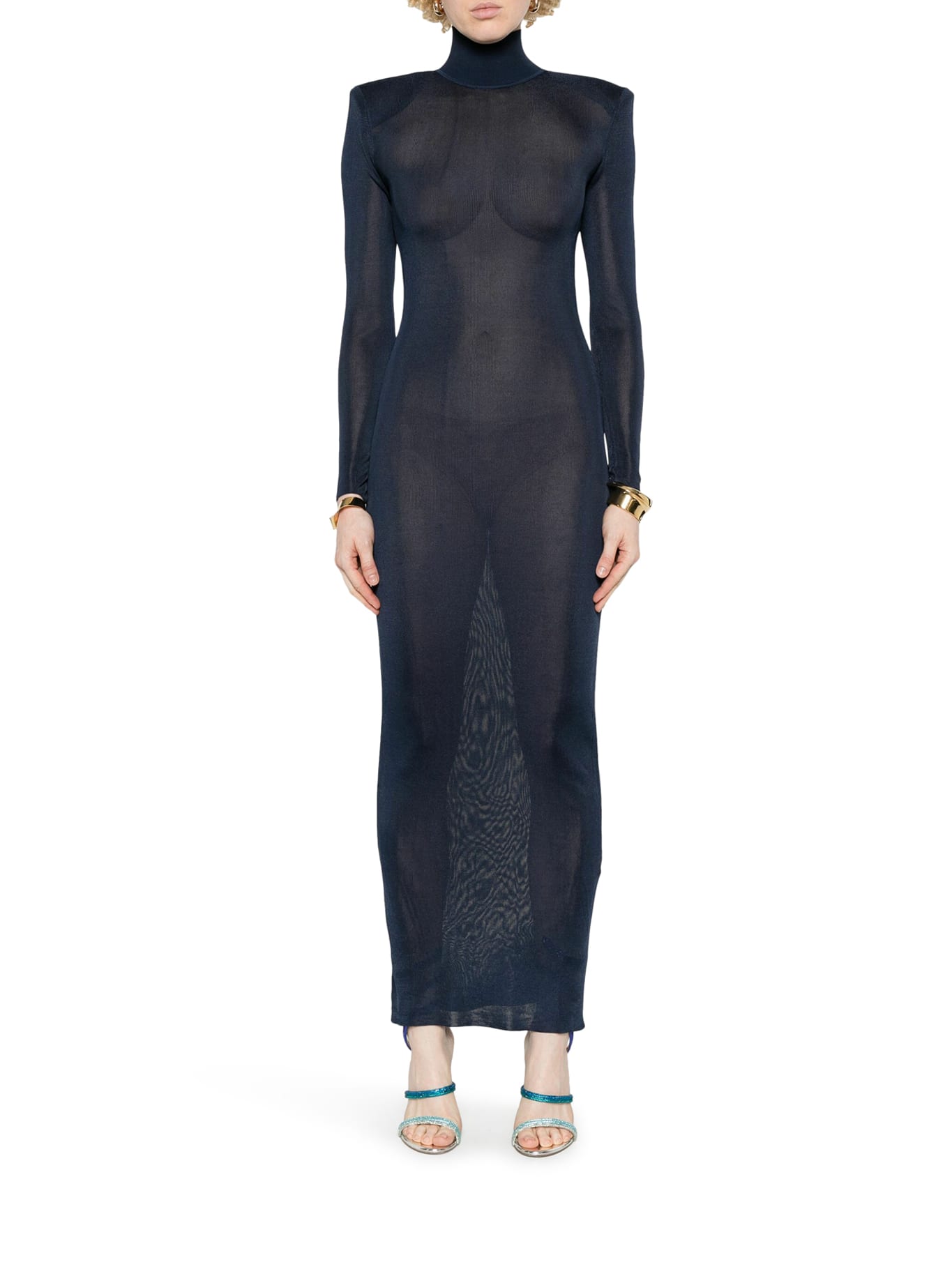 Self-portrait Ribbed Lurex Knit Turtleneck Maxi Dress In Blue