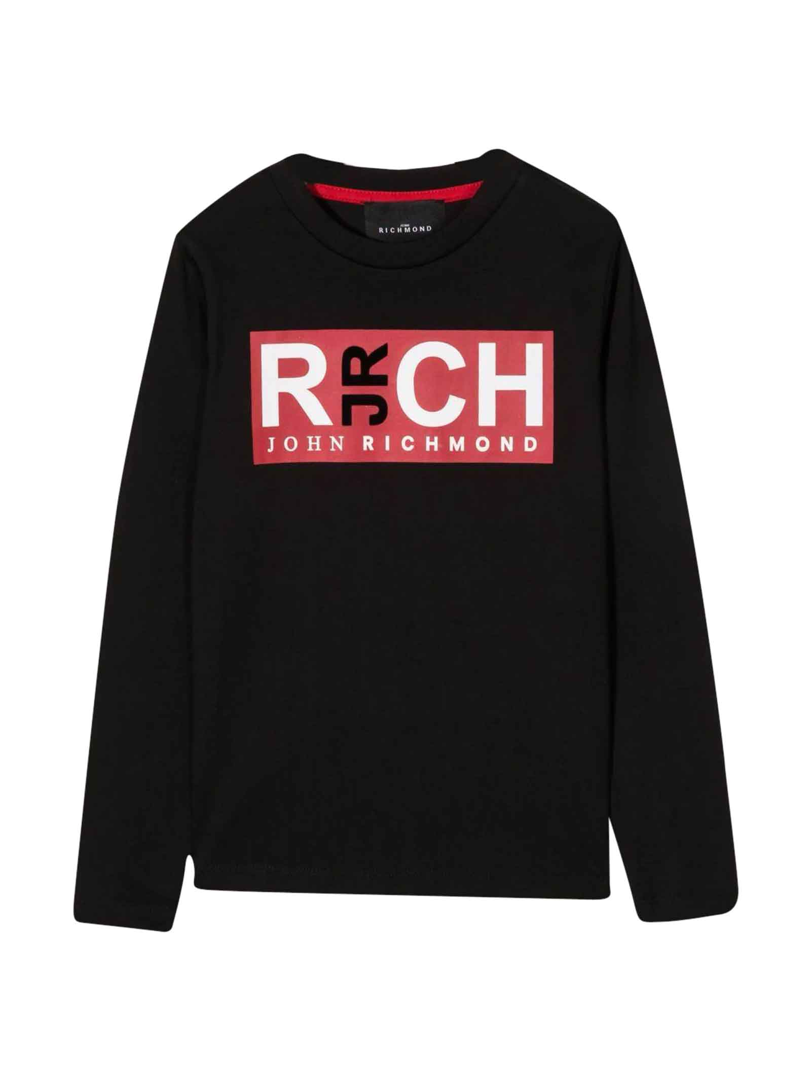 John Richmond Black Teen Shirt With Long Sleeves And Red Print