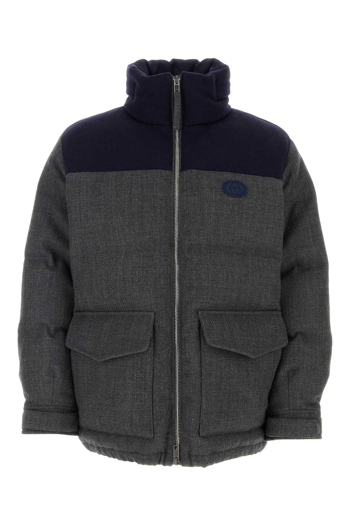 Shop Gucci Dark Grey Wool Blend Down Jacket In Greyblueredmix
