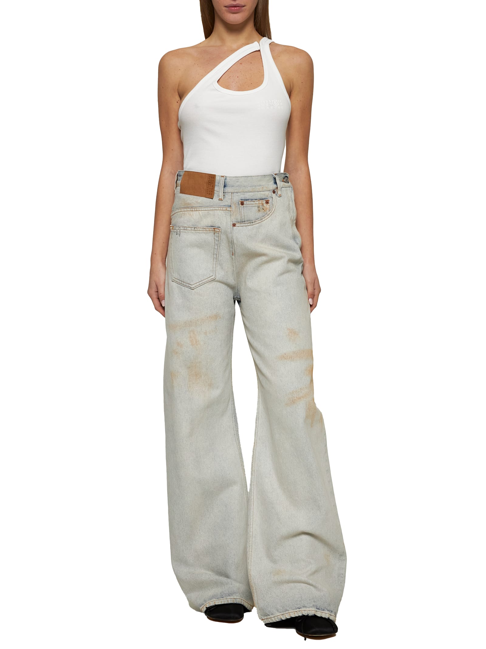 Mm6 Maison Margiela White Ribbed Cotton Tank Top In Beige
