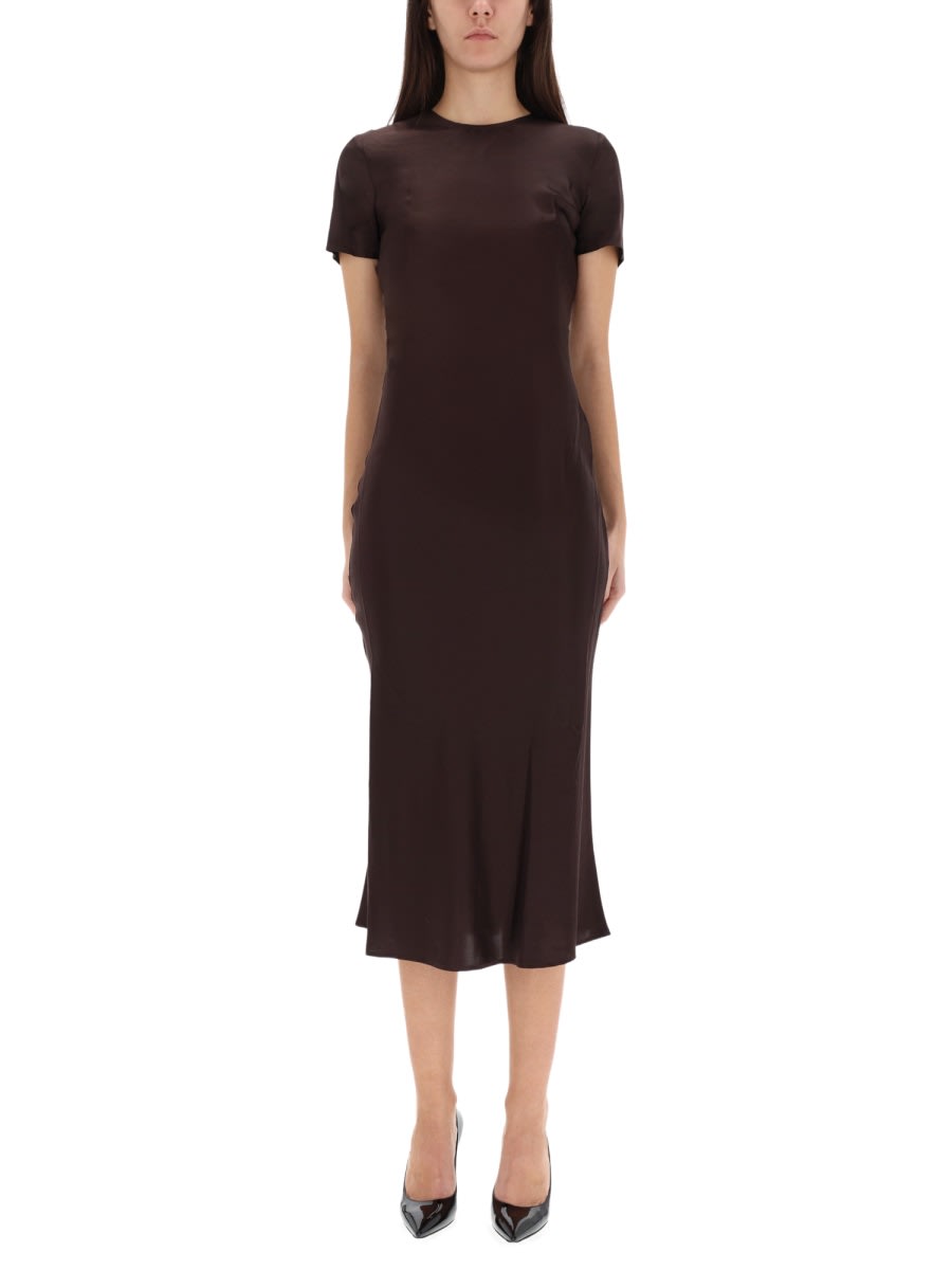 Staud Silk Midi Dress With Ruffles And V-neck In Brown