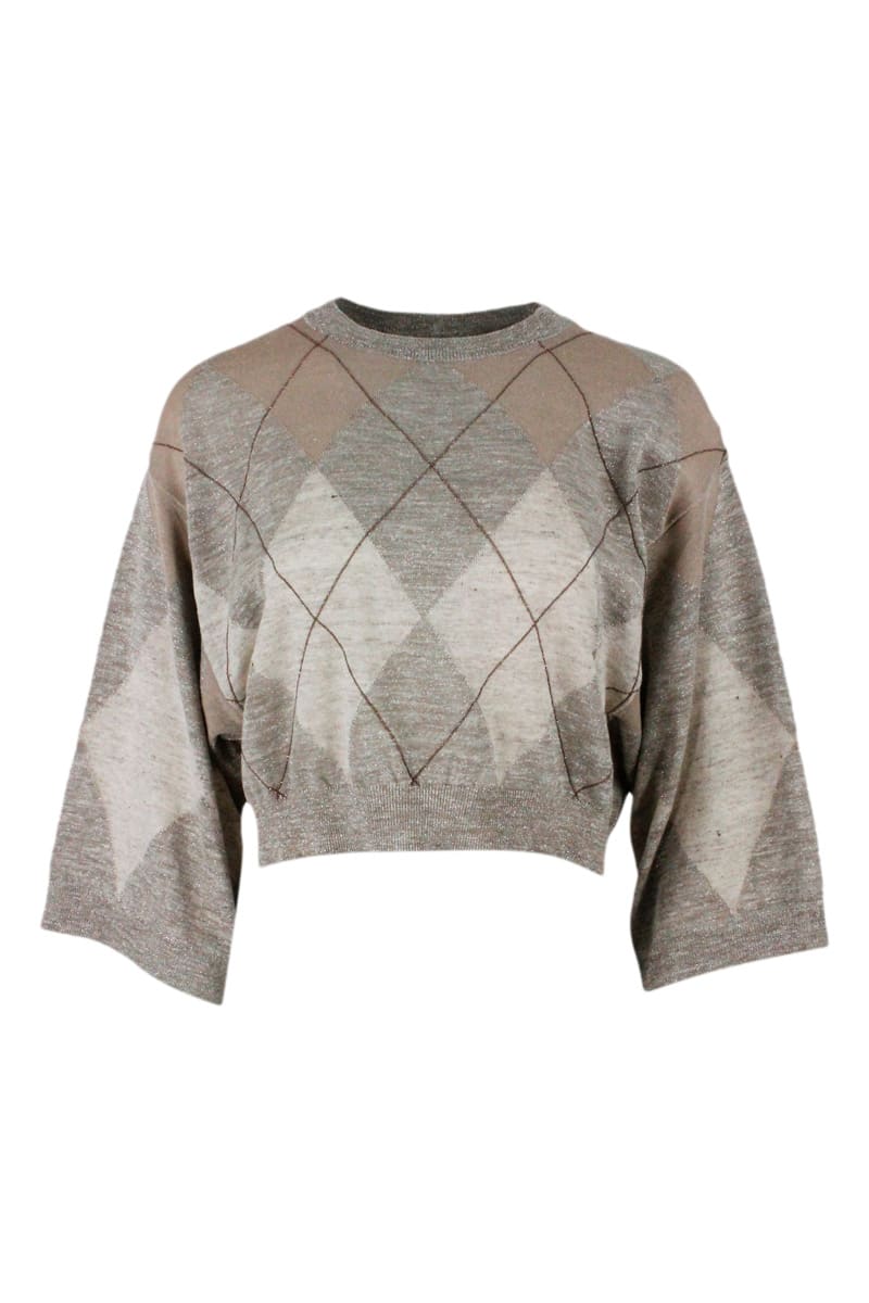 Shop Brunello Cucinelli Round Neck Sweater With Diamond In Beige