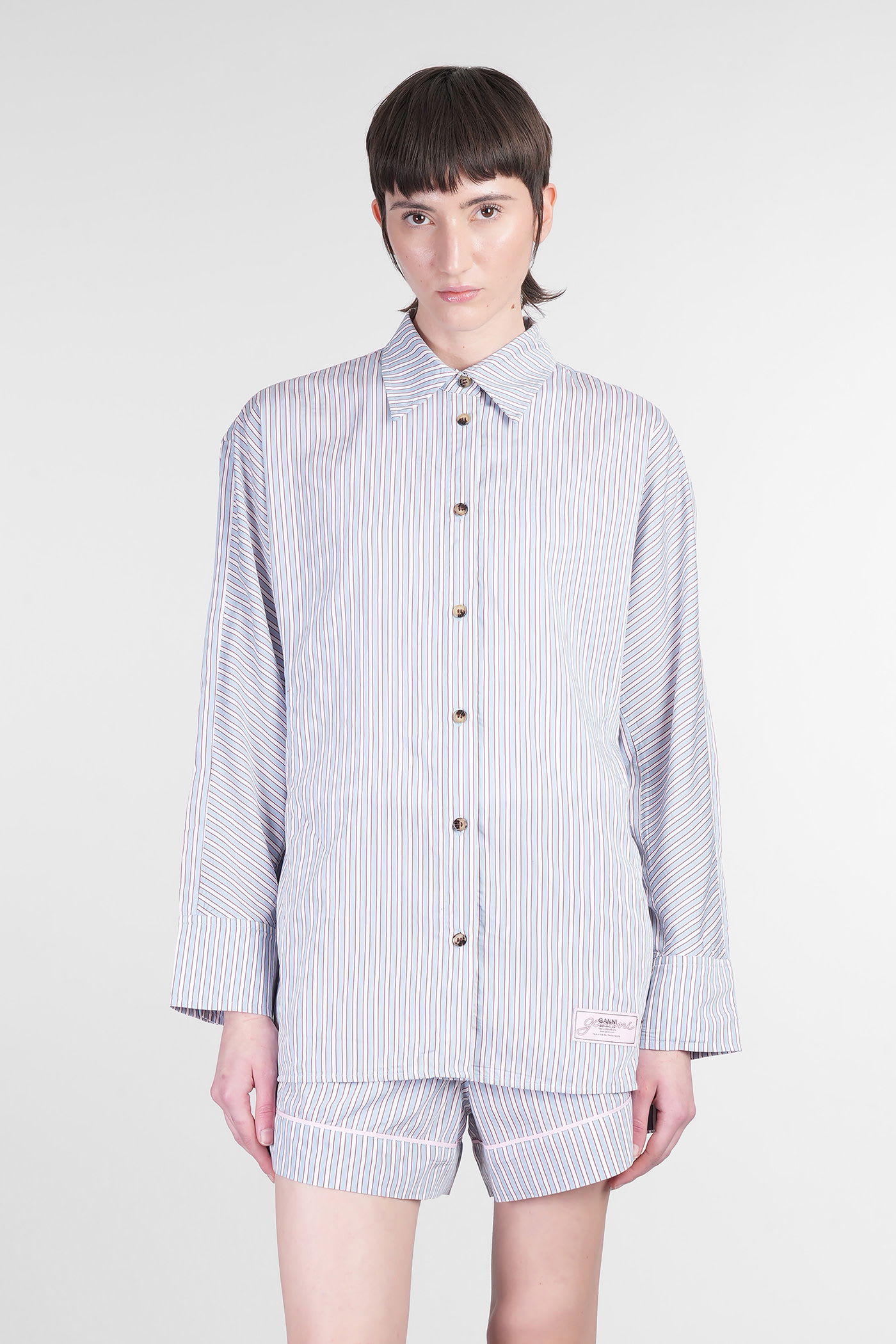 Ganni Multicolor Shirt With All-over Stripes And Logo Patch On The Front In Viscose Blend Woman In Blue
