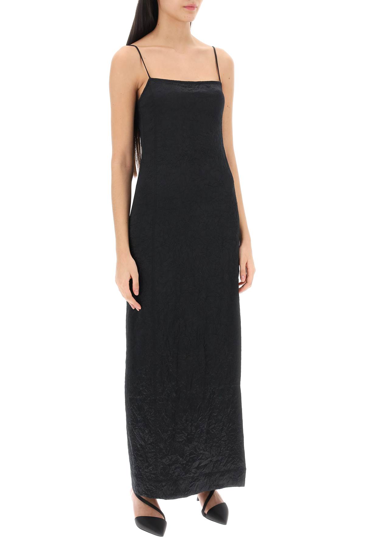 Ganni Crinkled Satin Midi Slip Dress In Black (black)
