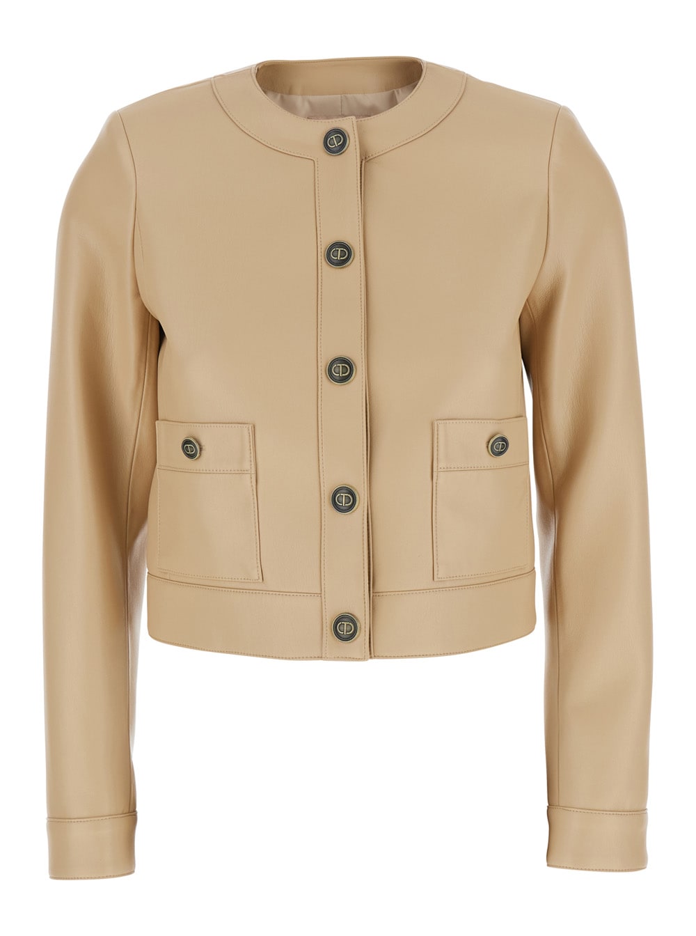 Beige Crewneck Jacket With Logo Buttons In Leather Woman